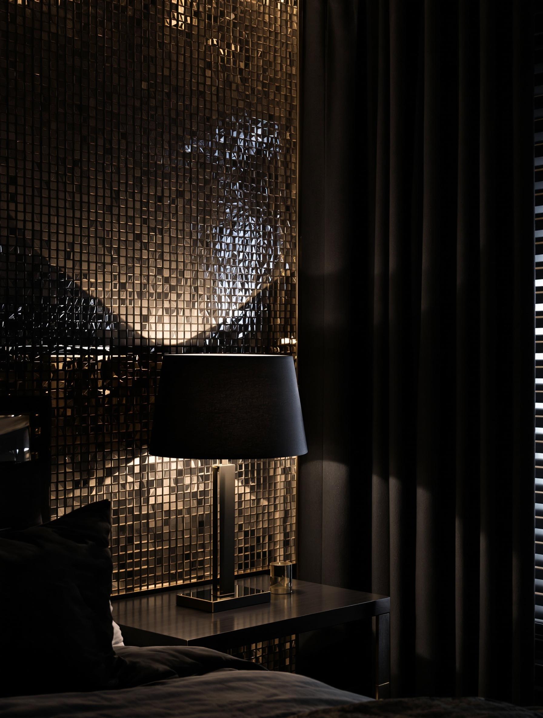 Chambre noire lumineuse avec lampes, appliques et mosaïque de verre