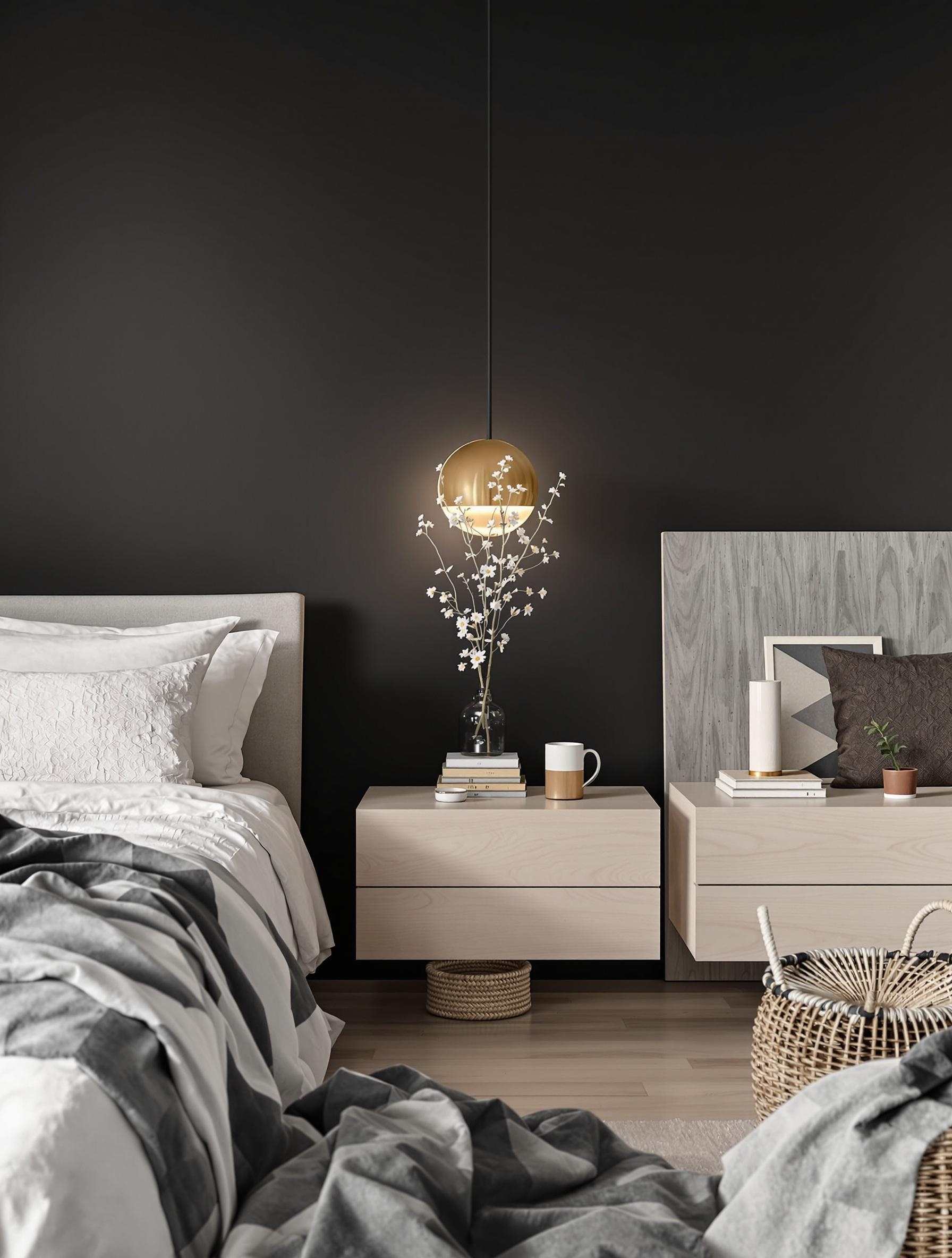 Chambre noire scandinave avec palette anthracite et bois clair