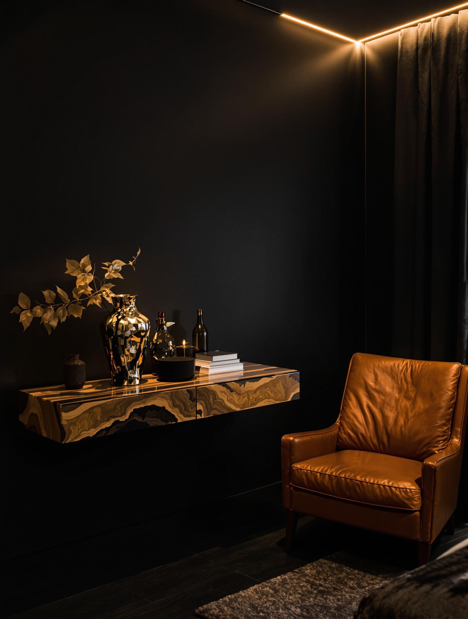 Chambre noire avec console en bois brut et fauteuil en cuir ocre patiné