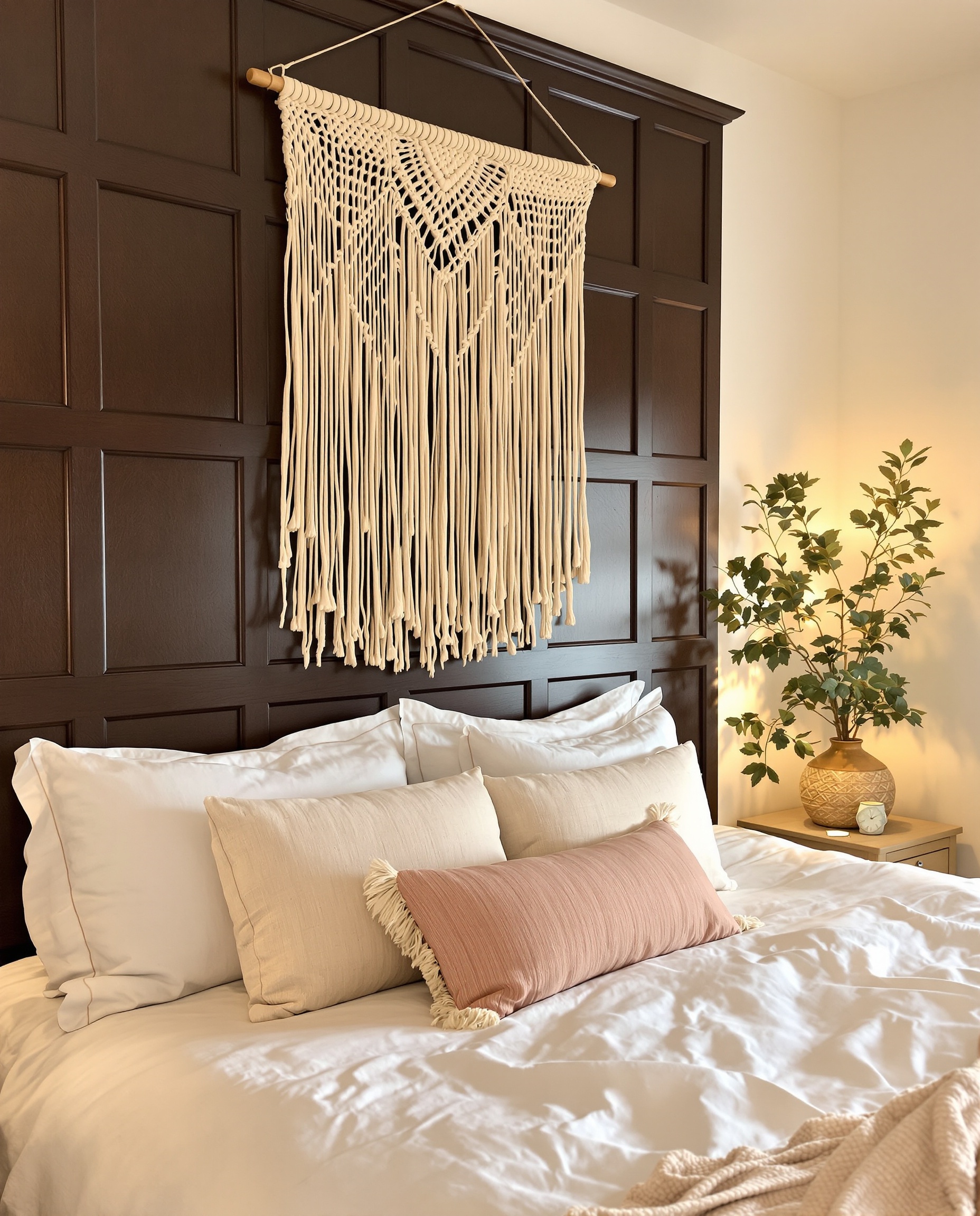Chambre avec tête de lit en panneaux bois sombre et grande tenture macramé écru, éclairage doux.