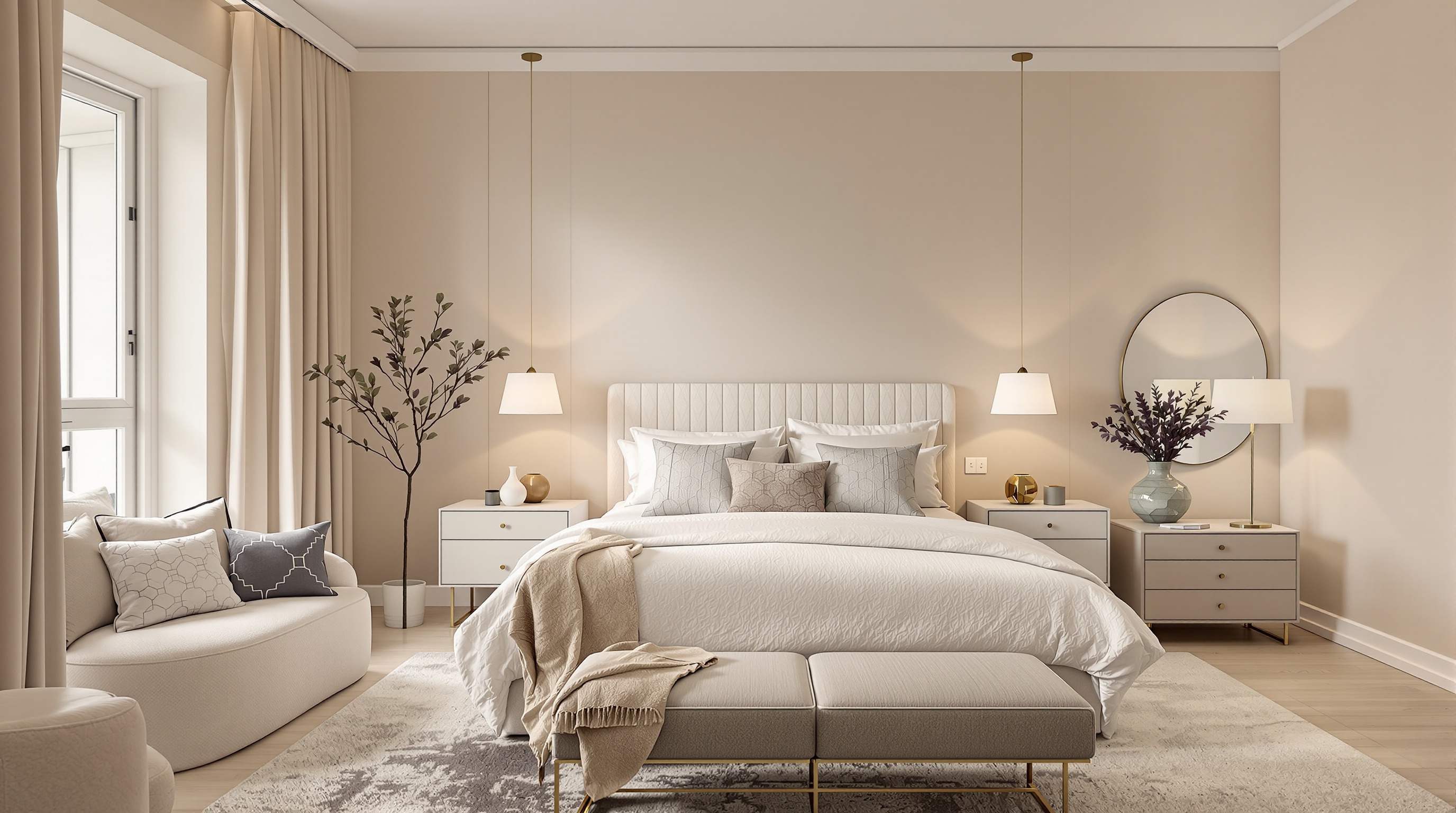 chambre parentale moderne chaleureuse élégance discrète lumière douce