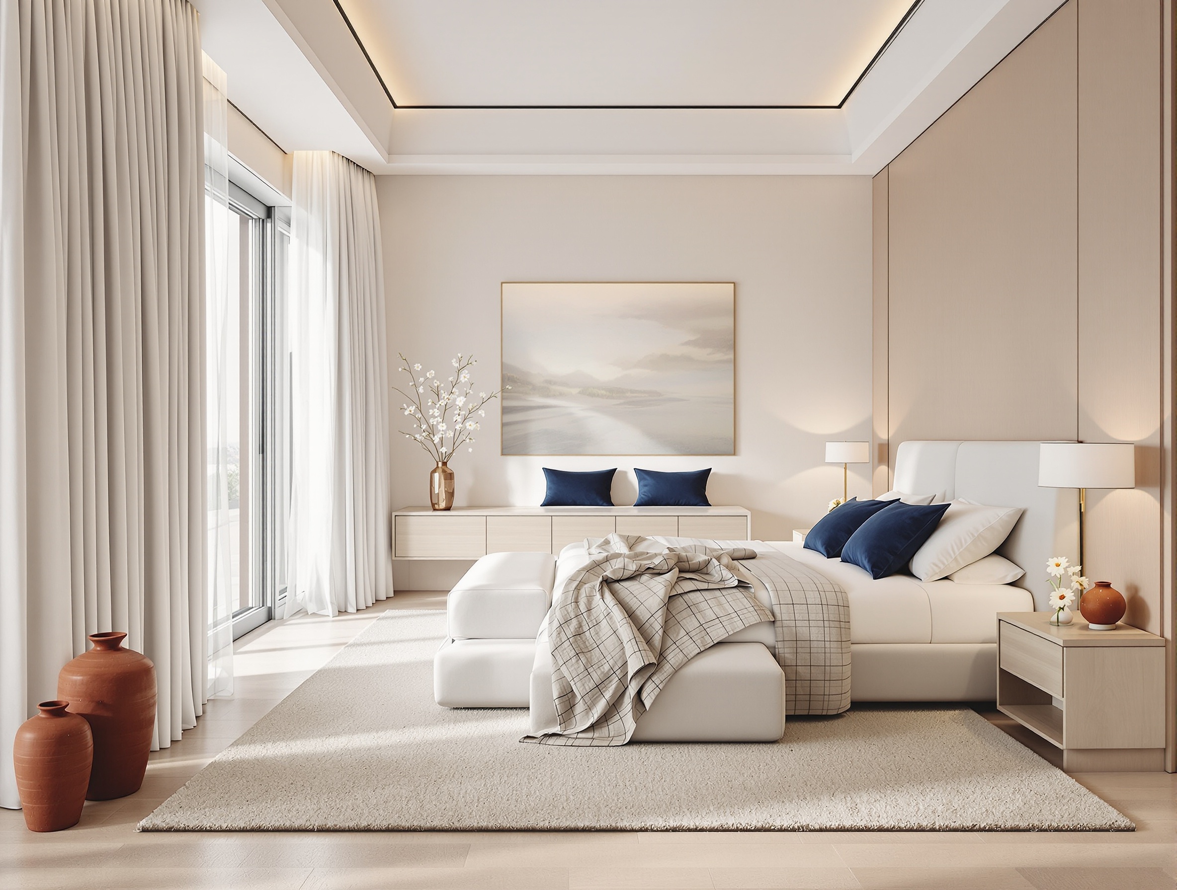 Chambre parentale moderne avec touche de couleur subtile