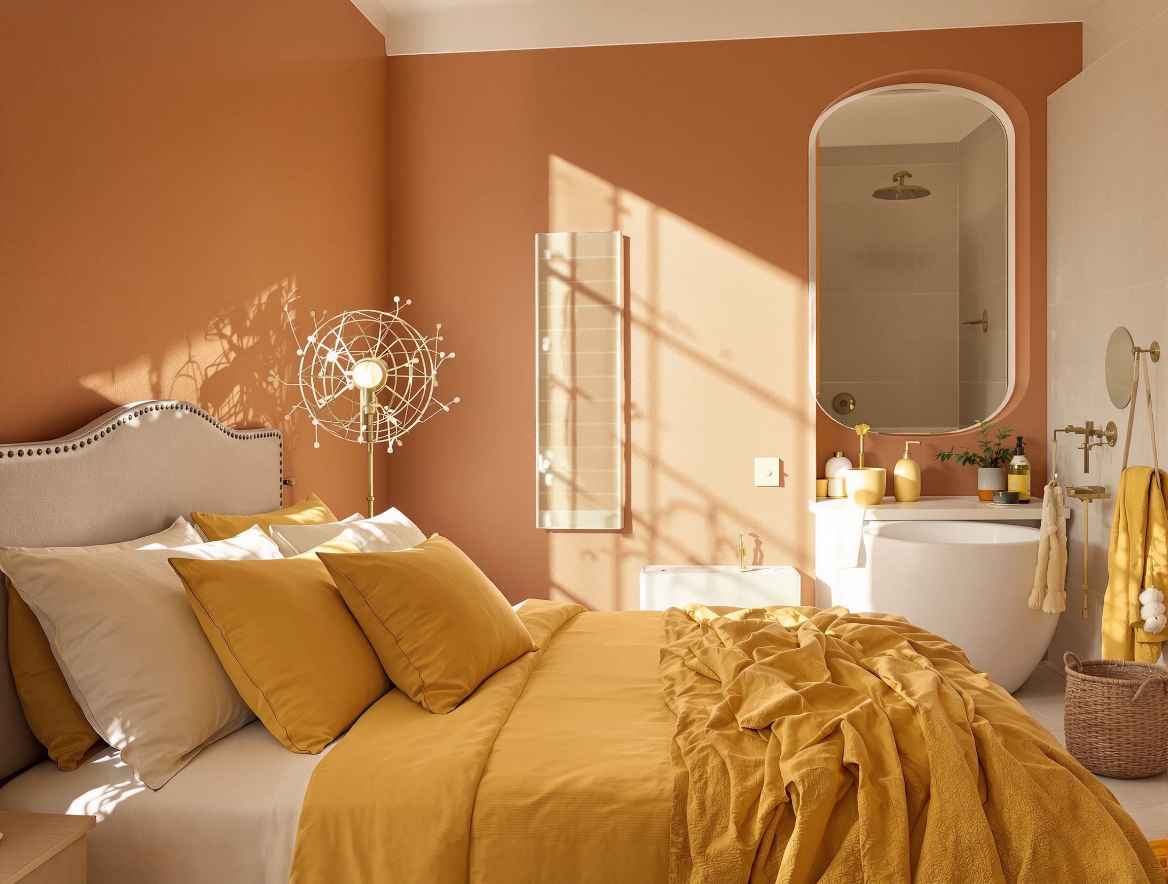 Chambre terracotta avec éléments jaunes pâle ; salle de bain façon Hammam chic.