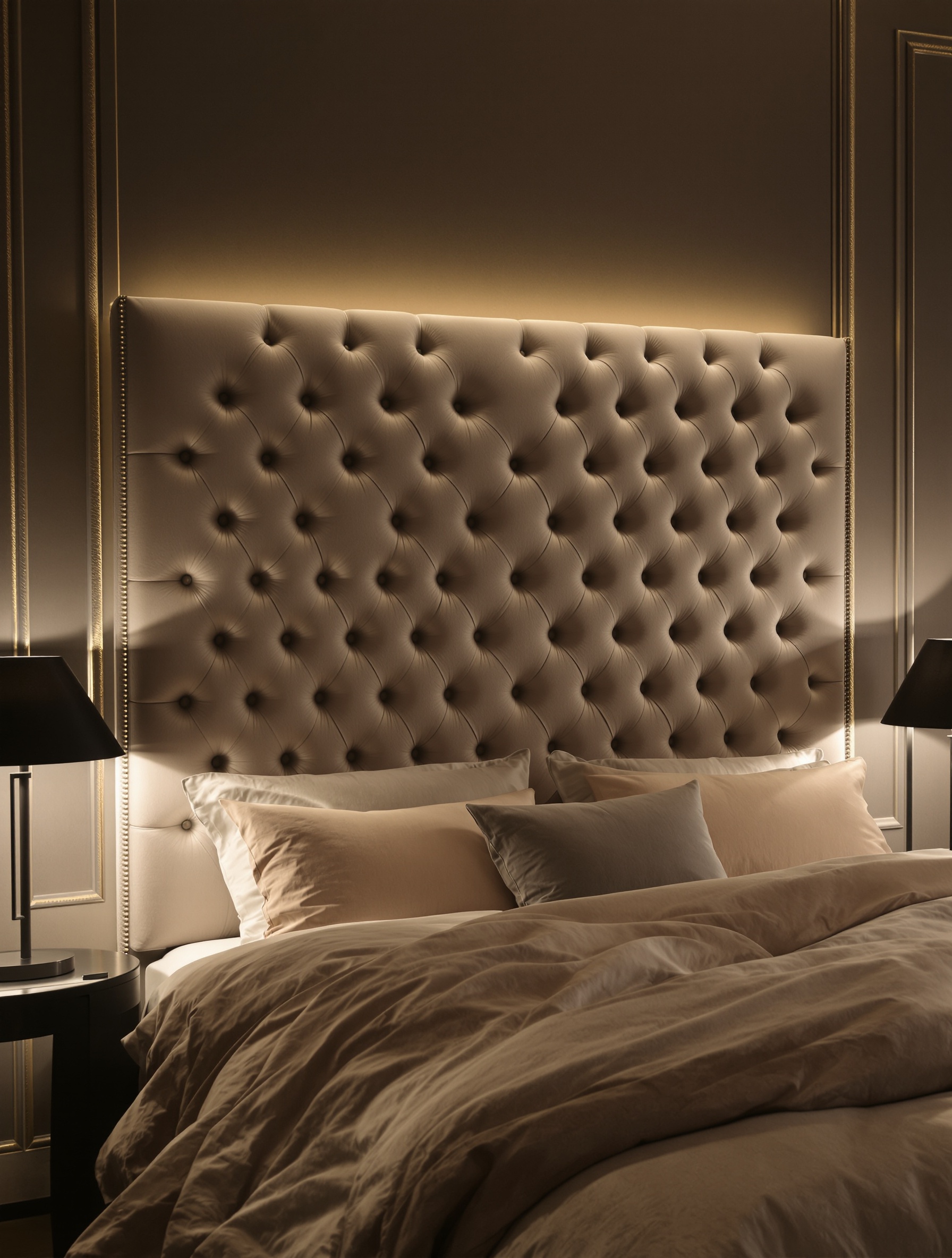 Tête de lit capitonnée spectaculaire et lampes minimalistes, chambre élégante.