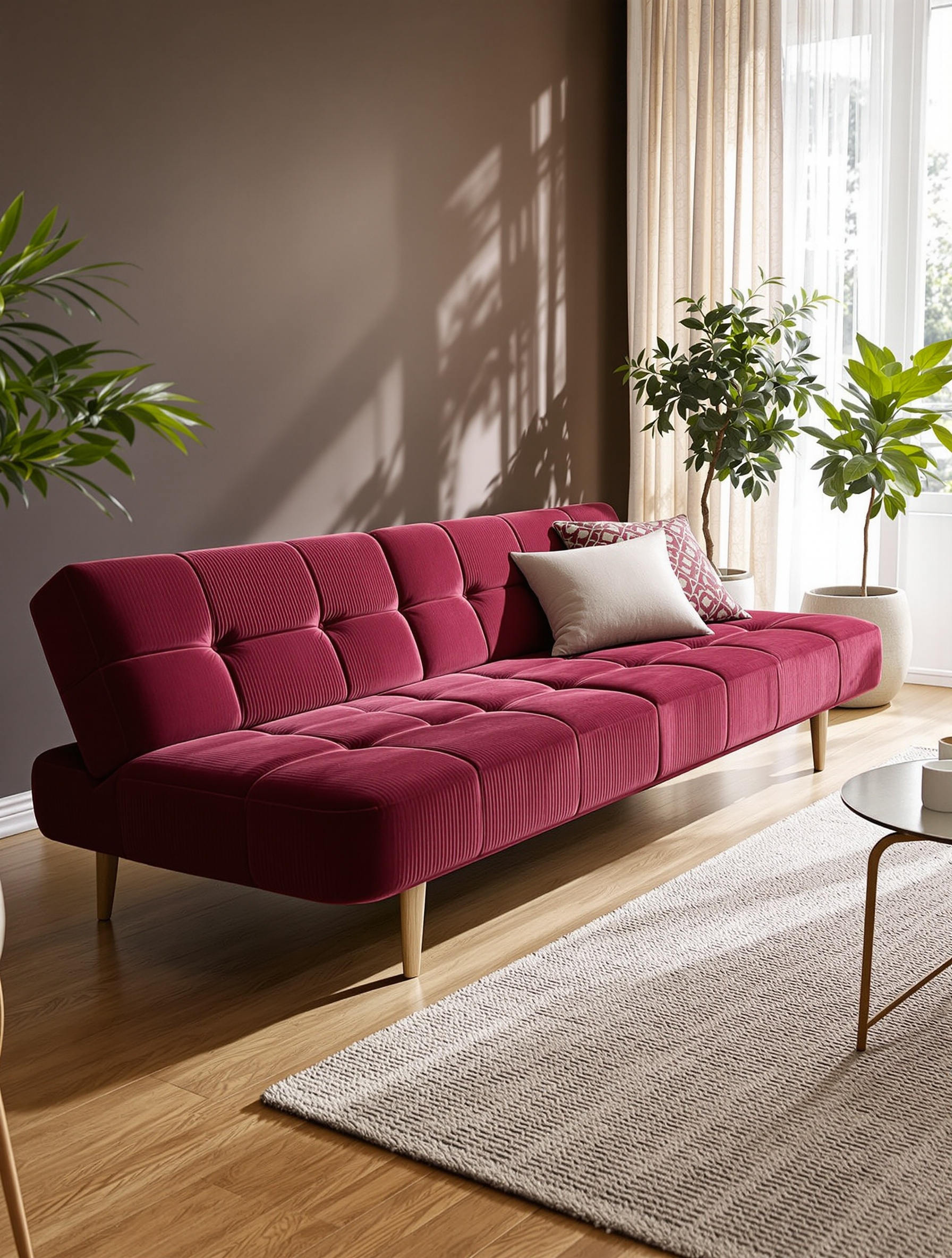 Exemple de clic-clac au revêtement en velours côtelé de couleur Bordeaux, intégré dans un salon cosy.