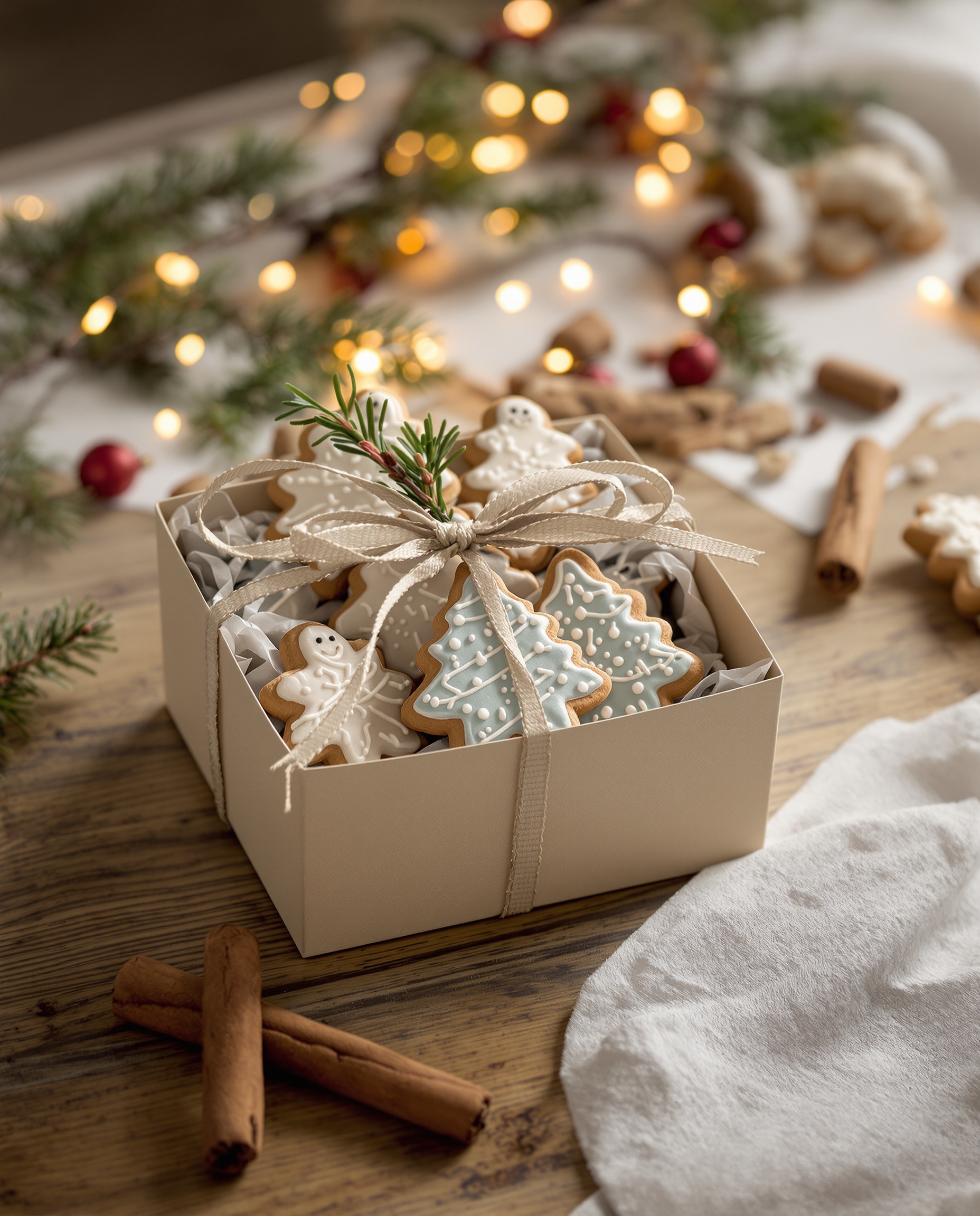 Coffret fait main avec biscuits de Noël sur table en bois et décoration naturelle.