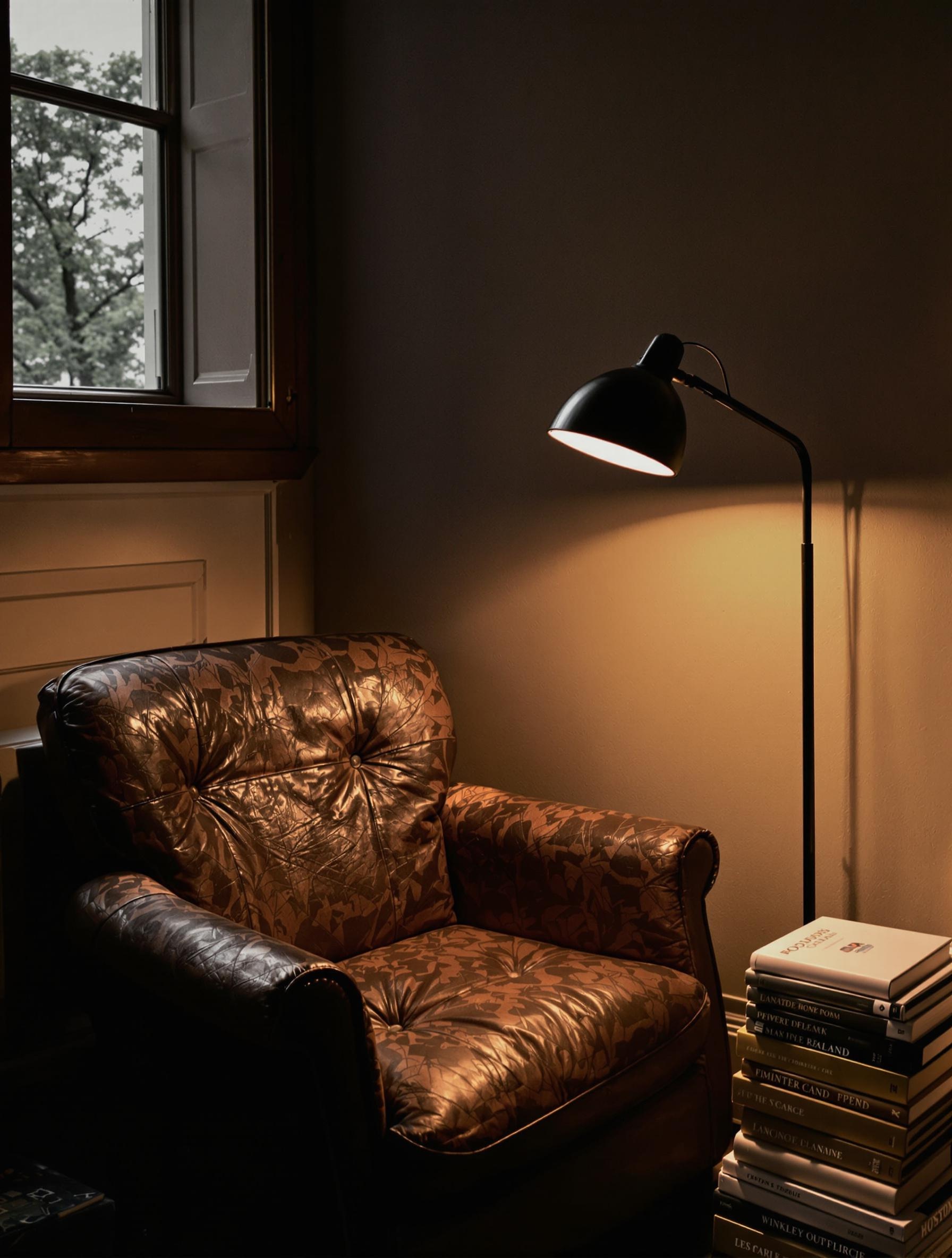 Coin lecture appartement fauteuil vintage cuir patiné lampe directionnelle design pile livres.