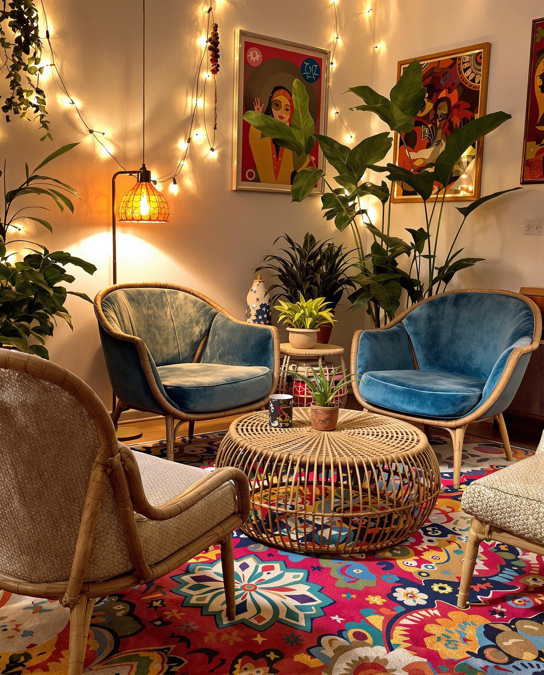 Coin salon hippie chic avec fauteuil vintage, tapis tissé et table rotin