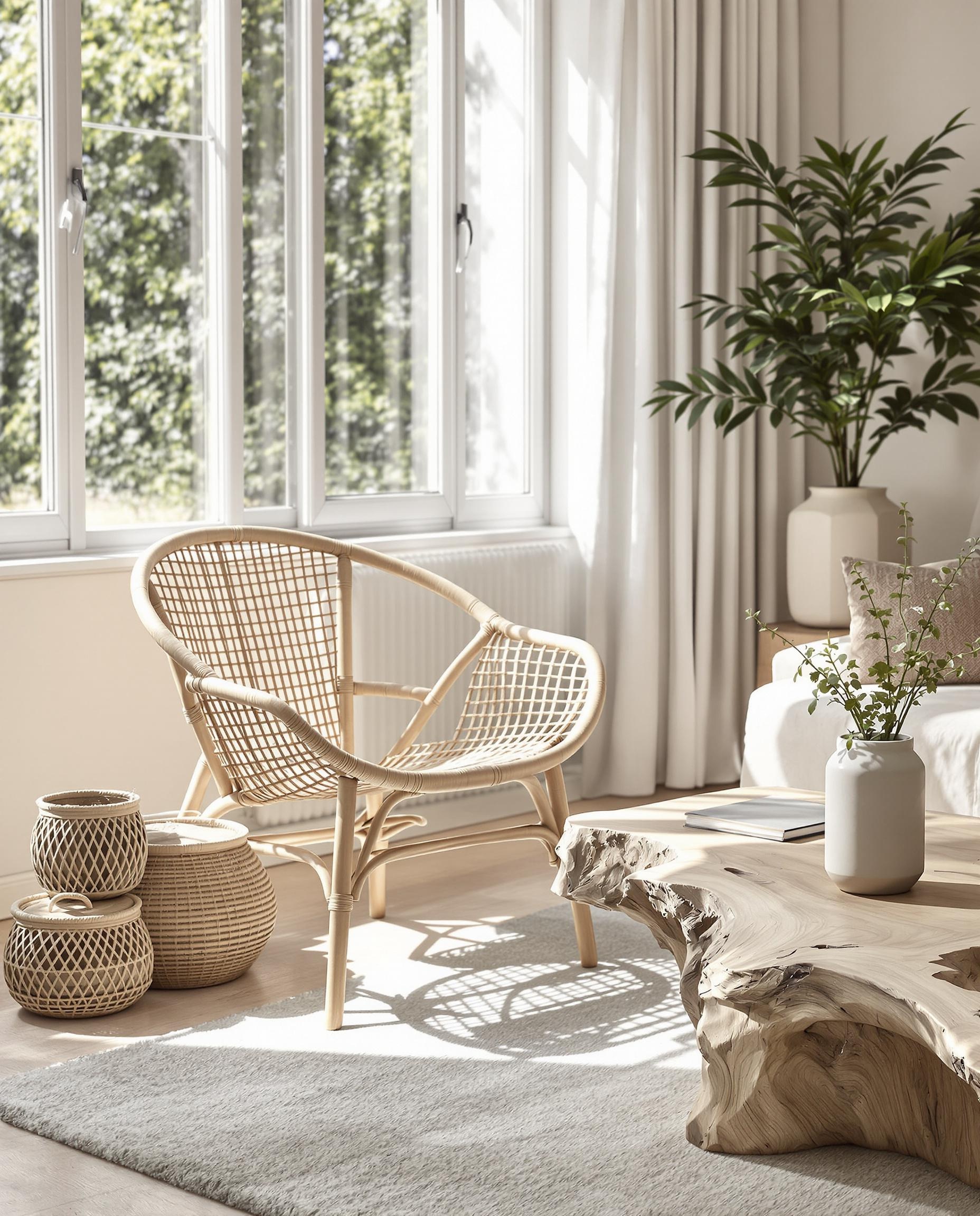 Fauteuil rotin, paniers osier, table bois flotté Nordiska Kök