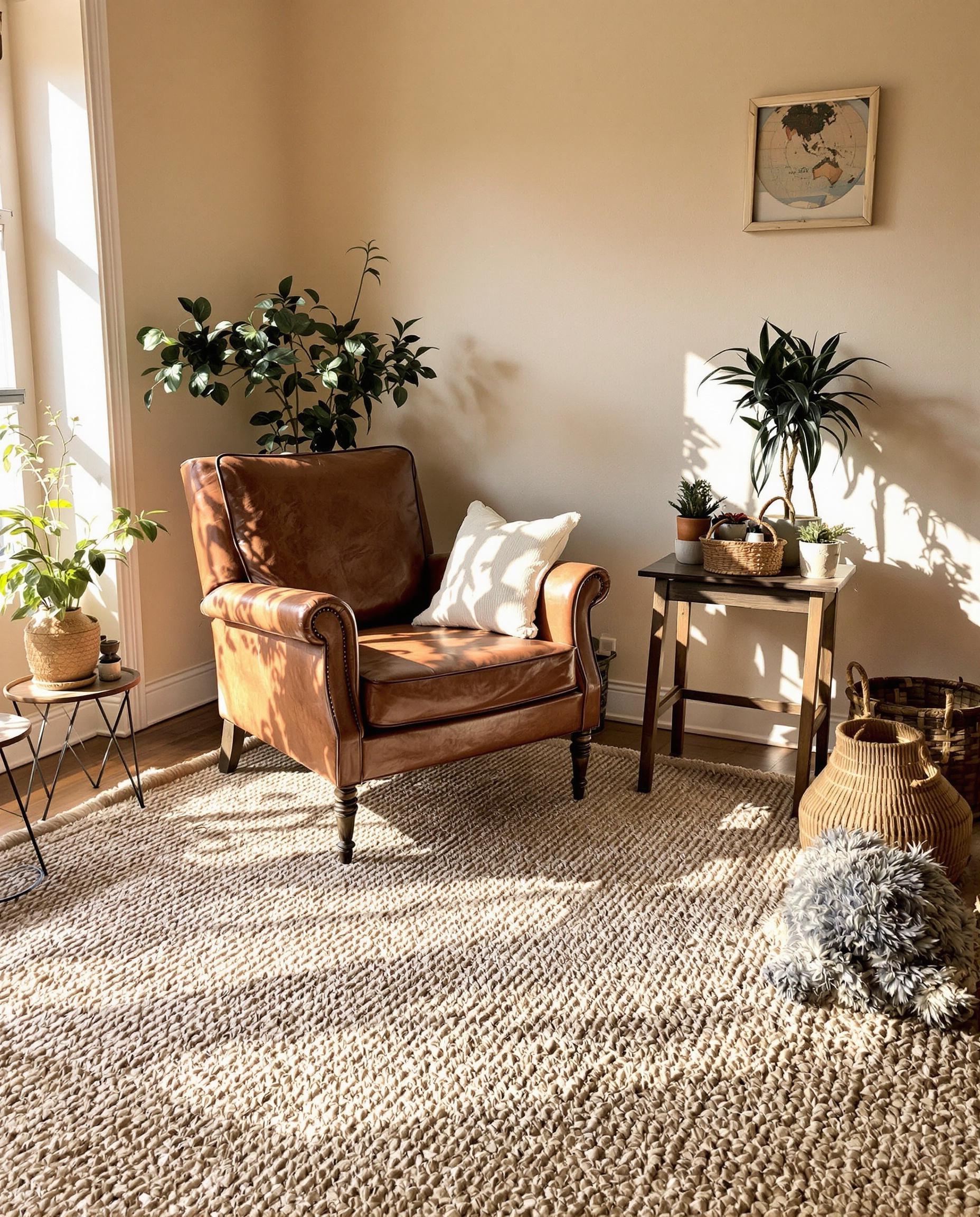 Tapis berbère épais superposé à un grand tapis en jute naturel coin salon chaleureux
