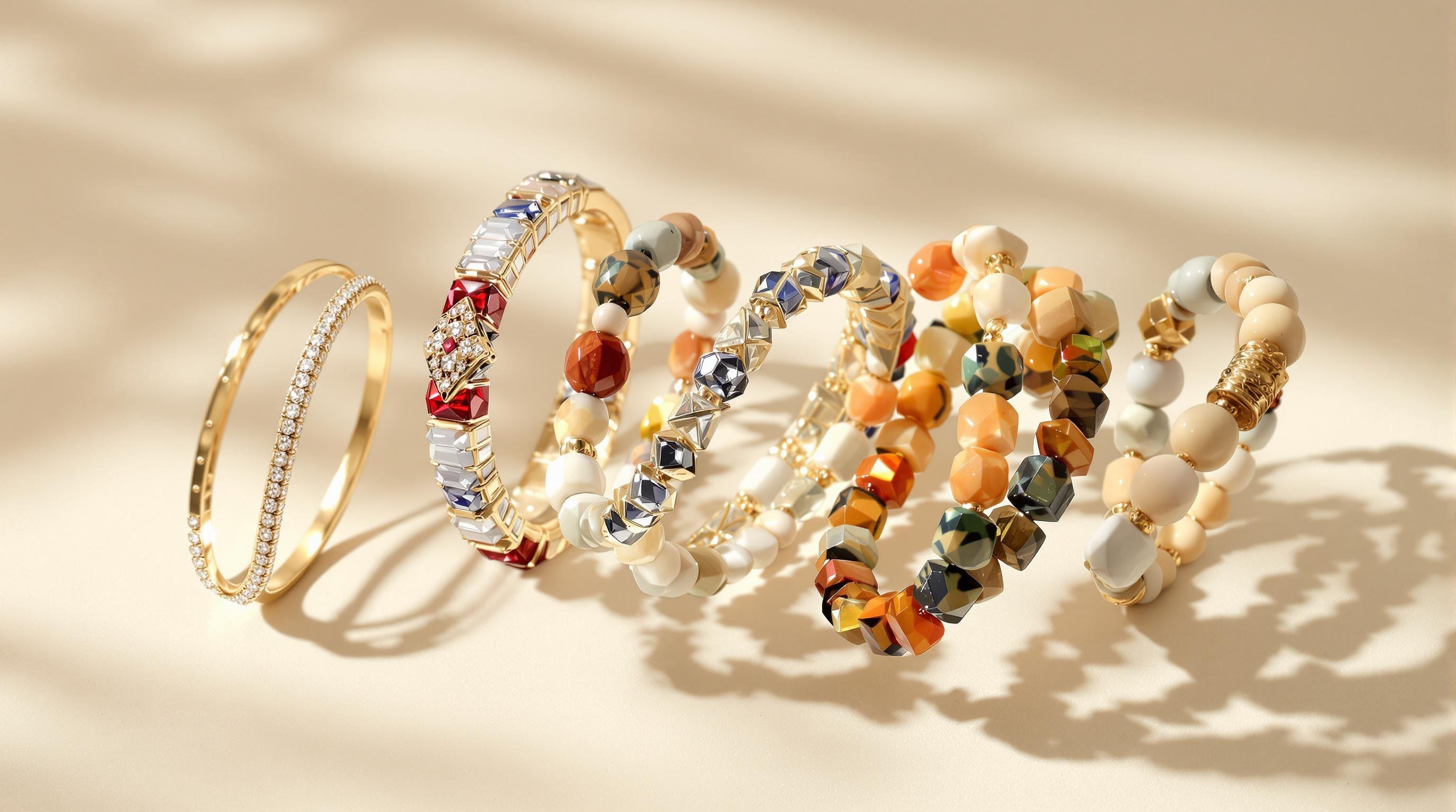 Collage de cinq bracelets en perles, or et diamants, mettant en avant l'artisanat japonais