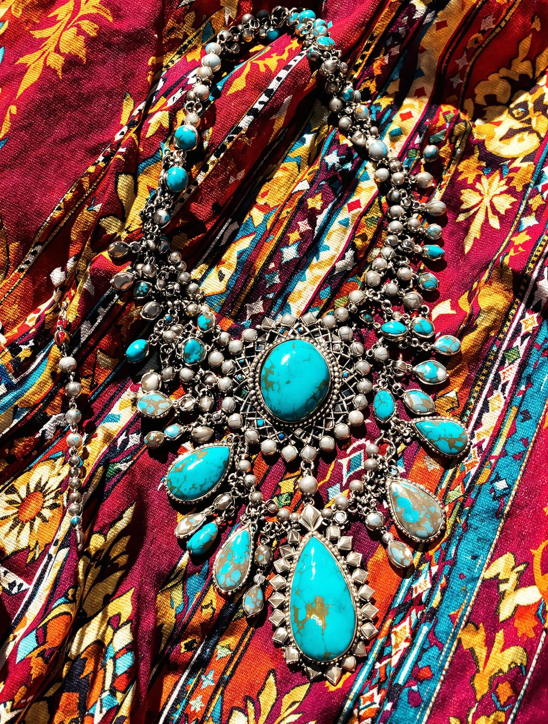 Collier bohème turquoise argent sur tissu ethnique