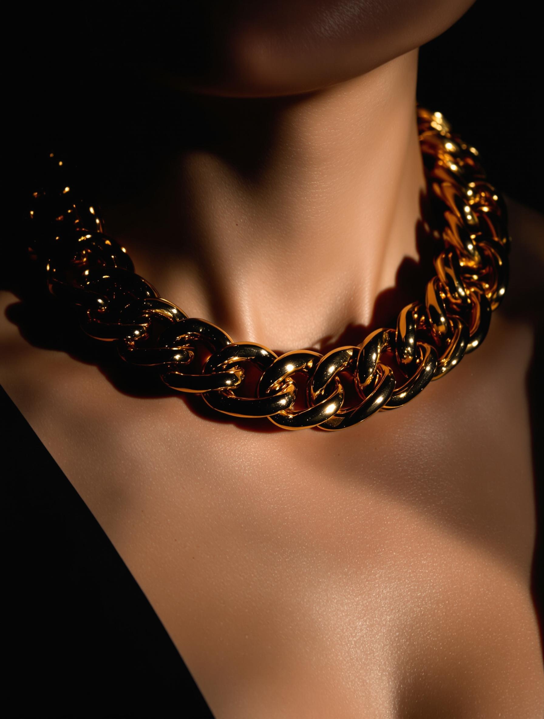 Gros plan sur un collier chunky en maillons dorés porté avec une robe noire minimaliste sous un éclairage artistique.