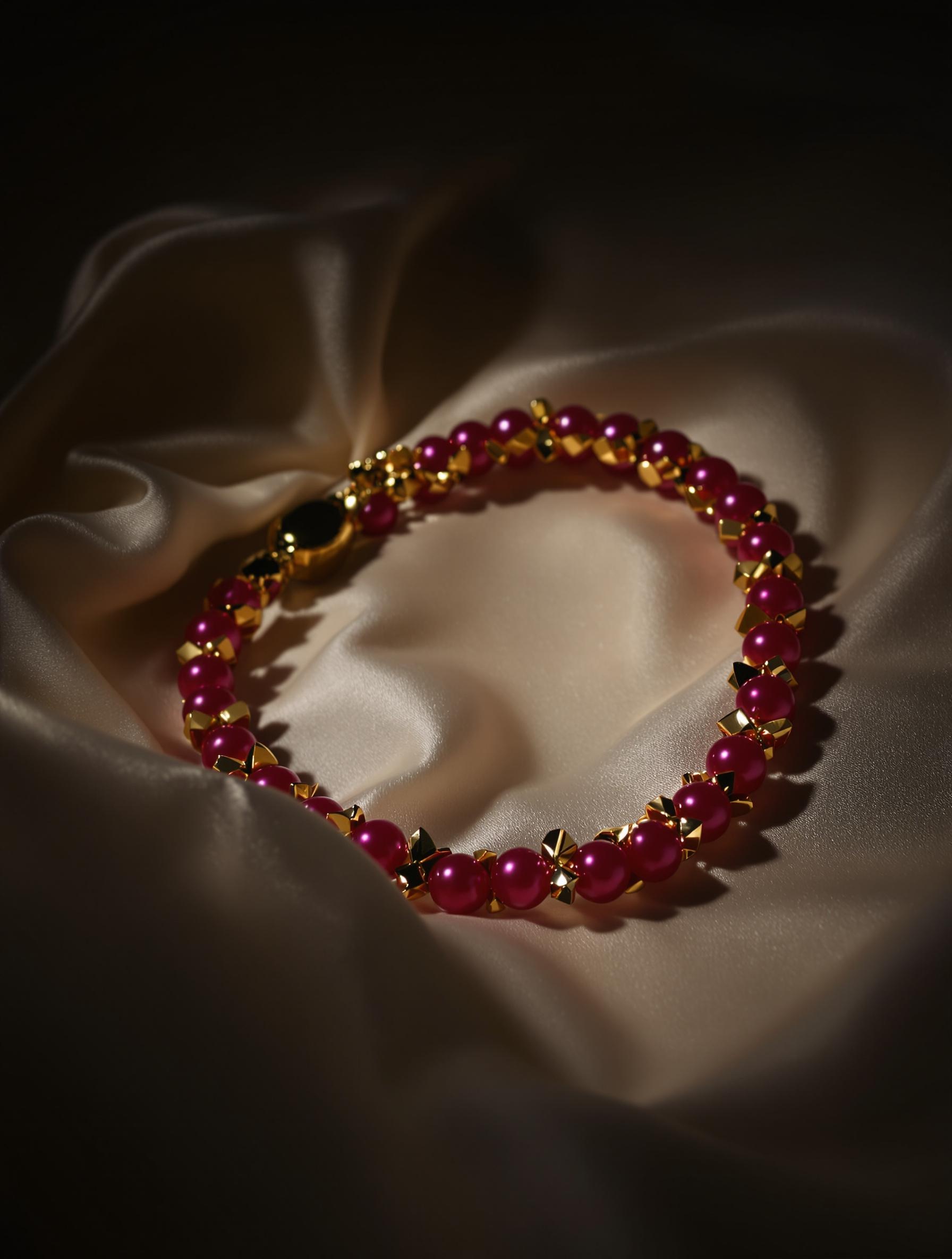 Choker en or plaqué avec perles fuchsia, nettoyé avec un chiffon doux dans un atelier.