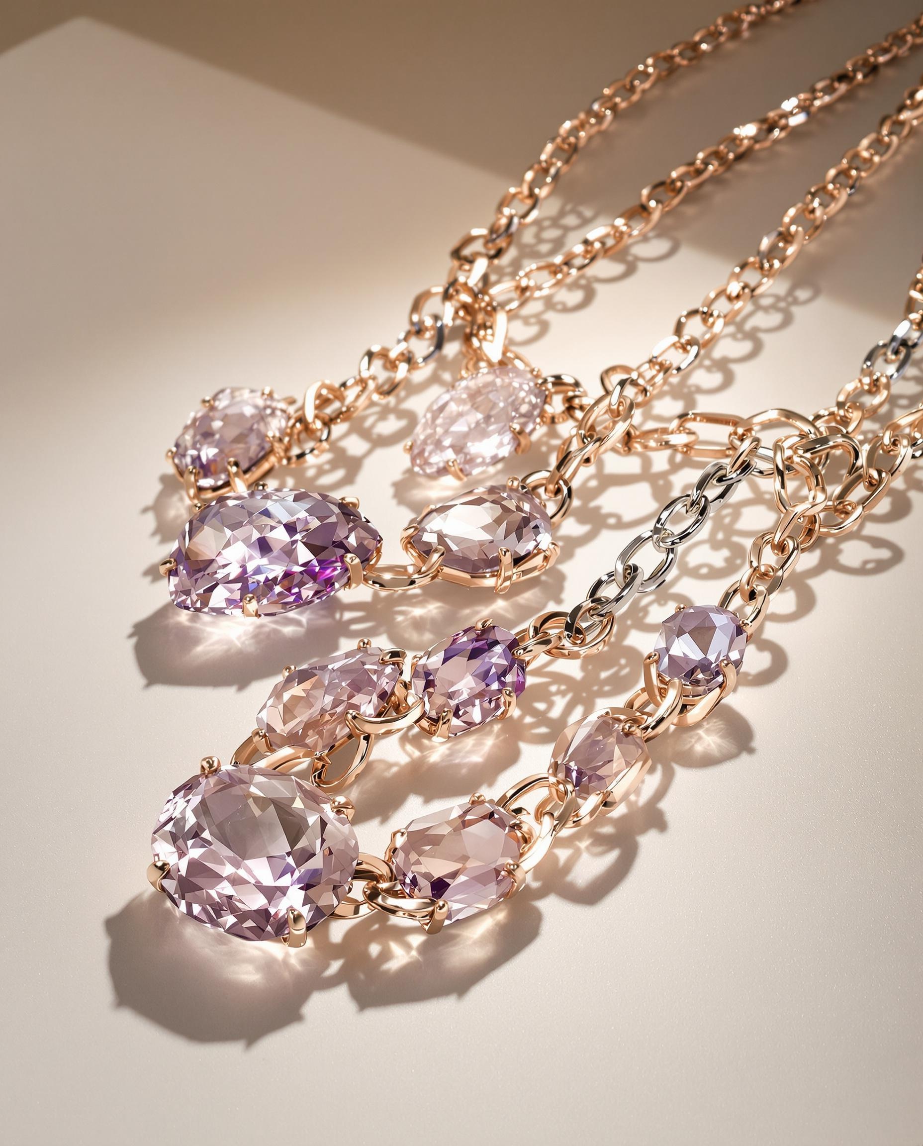 Colliers chunky pour femme avec des pierres semi-précieuses comme le Quartz, l'Améthyste et le Cristal, en acier et or rose.