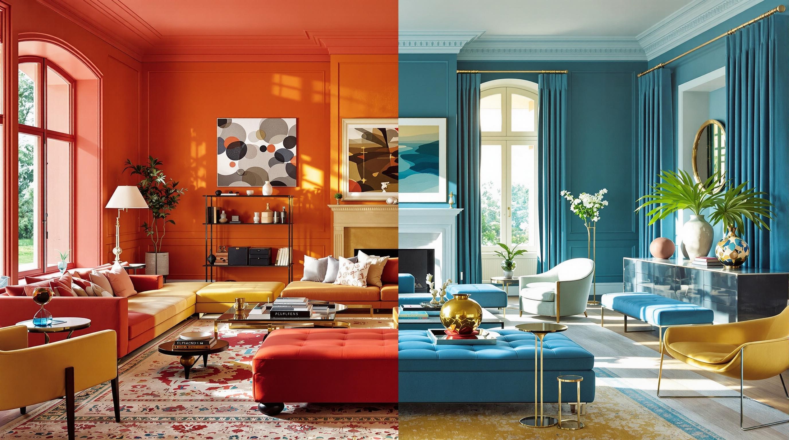 Comparaison entre une pièce en couleurs chaudes et une autre en couleurs froides.