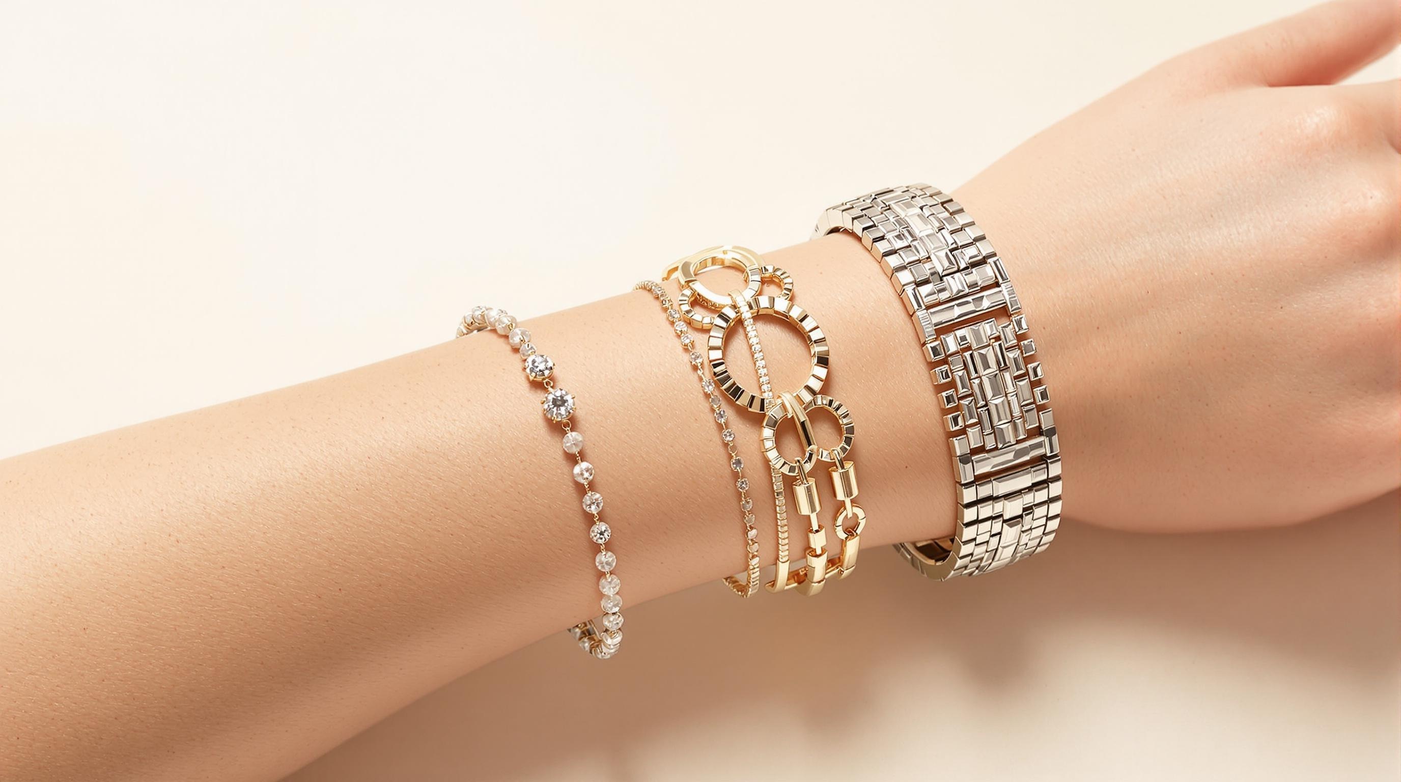Comparatif esthétique entre bracelets unibrin, multi-brins et joncs pour femme.