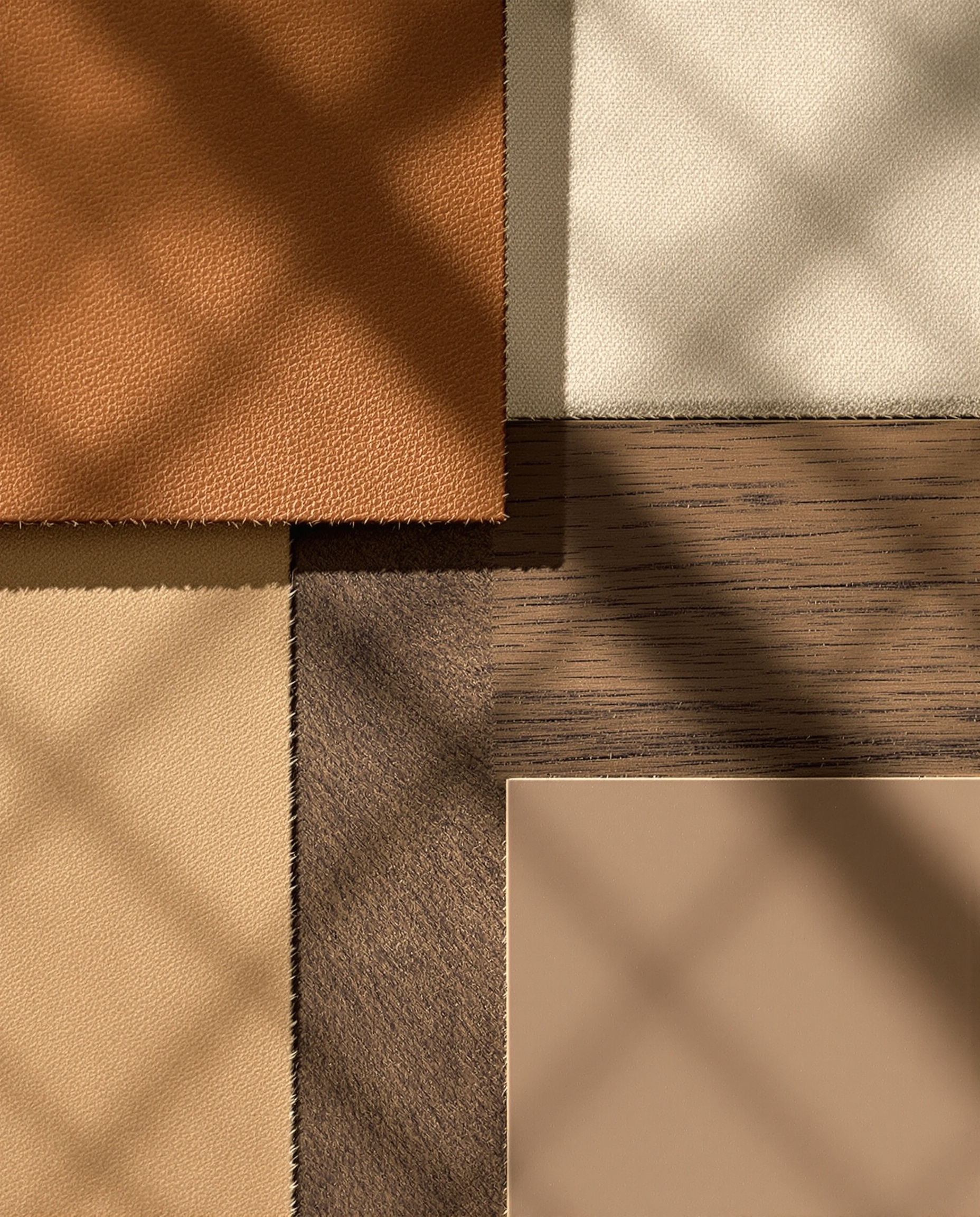 Échantillons matières brunes texturées : cuir cognac, lin beige brut, bois sombre veiné, peinture mate taupe