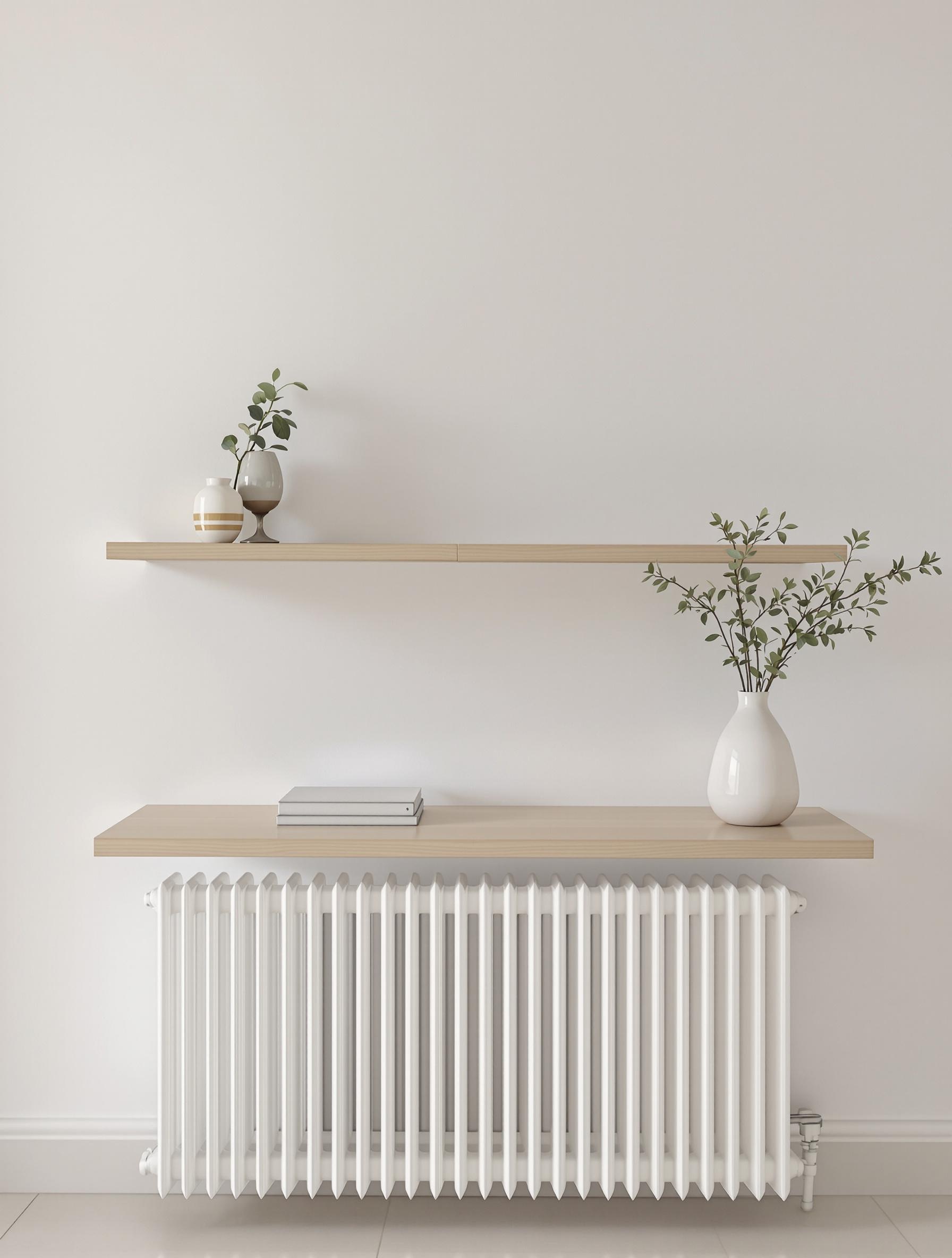 Console d’entrée minimaliste intégrée au-dessus d’un radiateur blanc ; design épuré, plateau en bois clair flottant, aucun pied visible, mur blanc, ambiance contemporaine sobre et élégante.