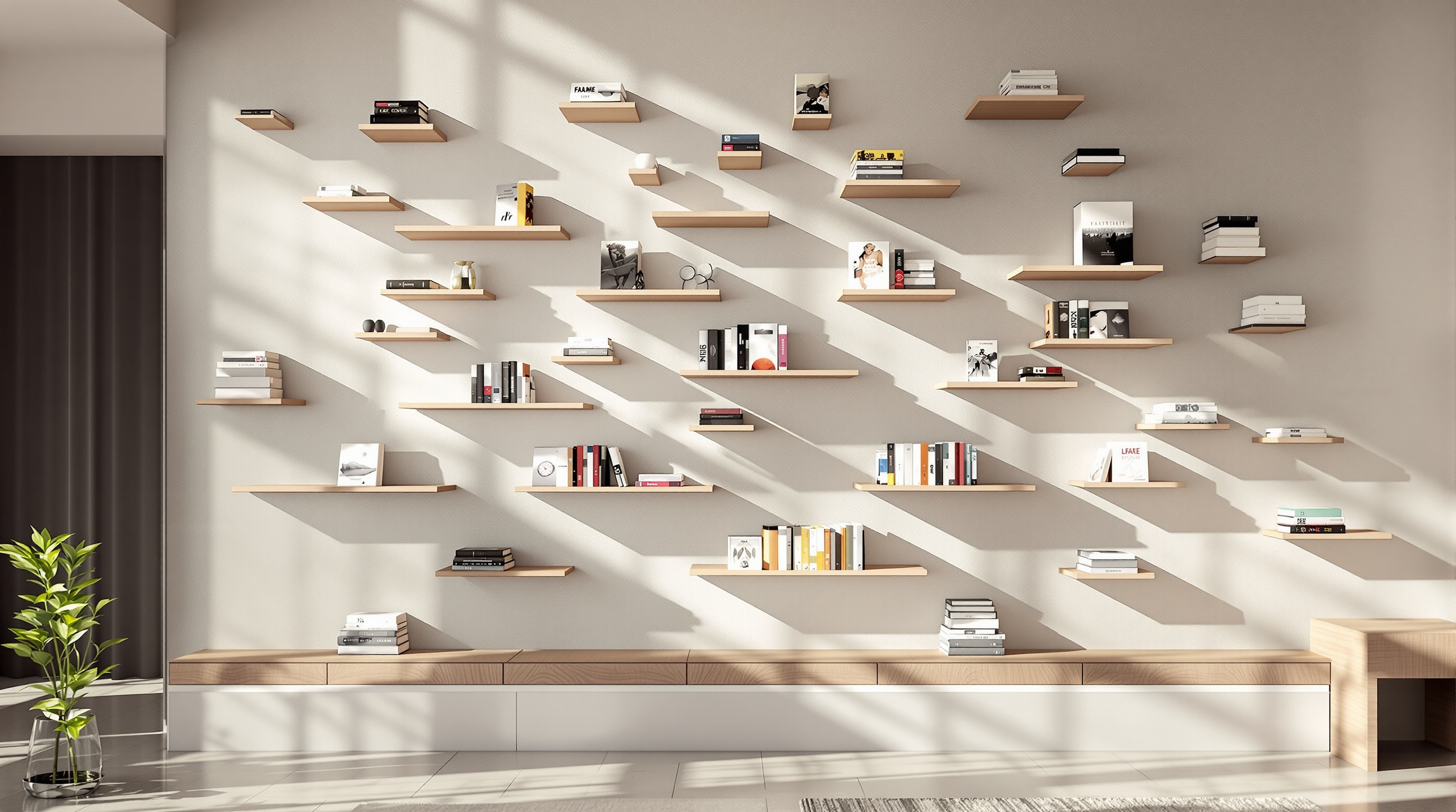 Une constellation de savoirs : les étagères invisibles transforment une collection de livres en une installation artistique murale, où chaque volume semble flotter, invitant à la découverte.