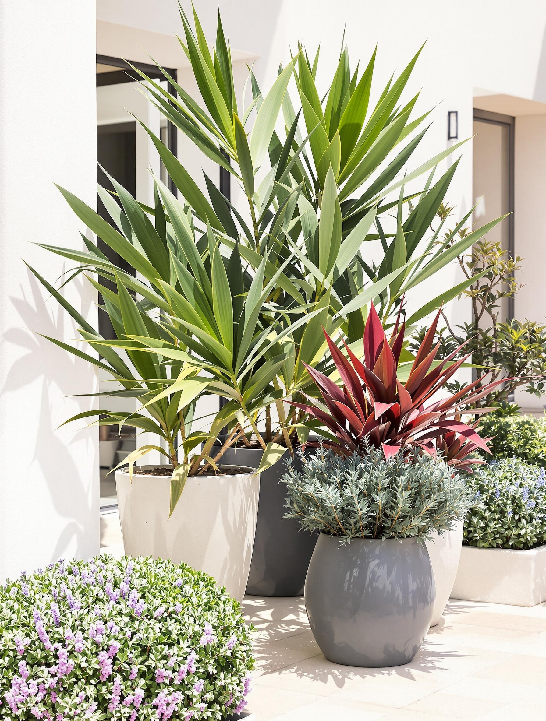Cordyline australis, Eucalyptus Baby Blue et lavande boule sur terrasse moderne