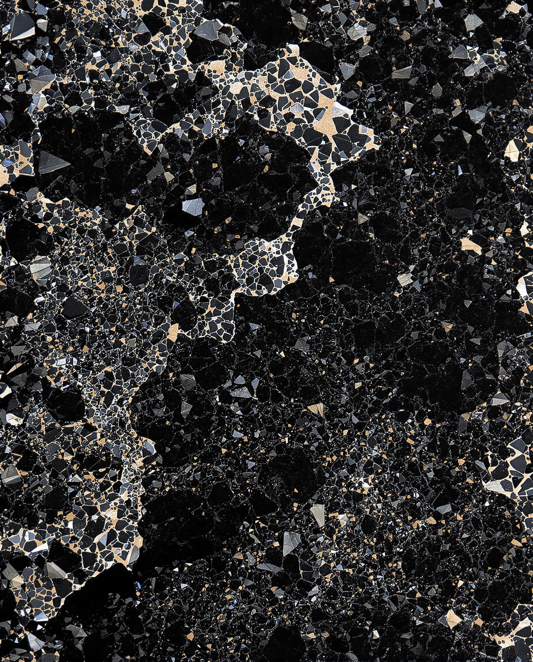 Coupe microscopique d’un diamant noir (carbonado), révélant des inclusions de graphite, de sulfures et de silicates.