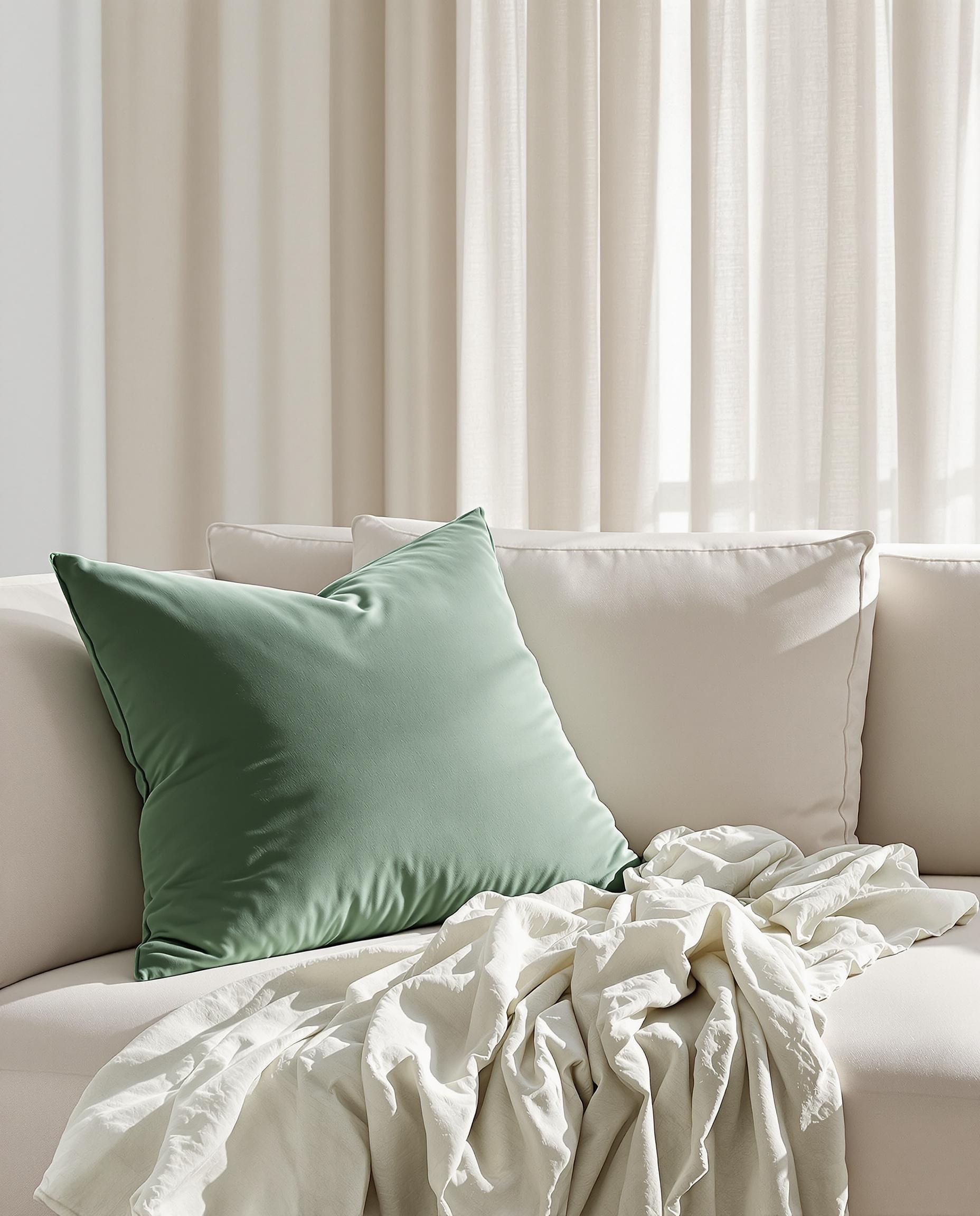 Coussin velours vert d’eau, plaid gaze coton H&M Home