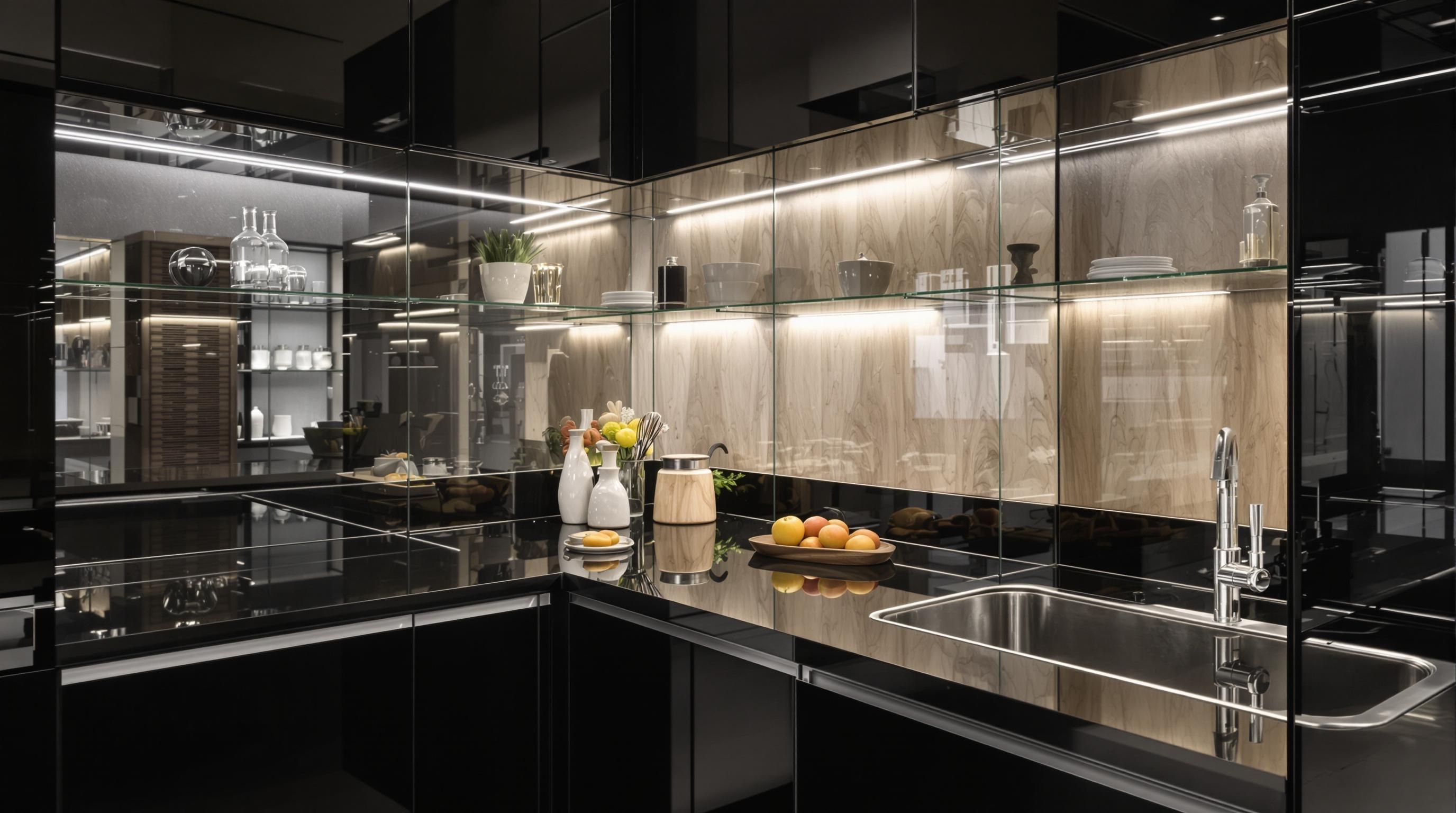 Cuisine haut de gamme angle matériaux contrastés bois massif clair portes noir laqué LED intégrées.