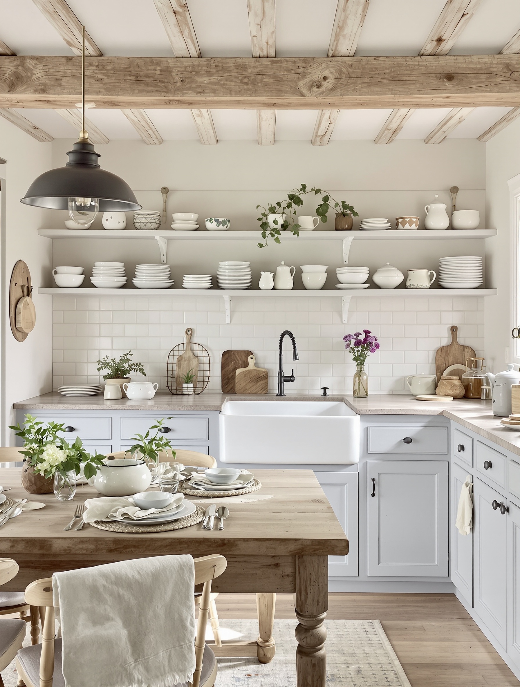 Cuisine campagne chic avec meubles bleu lavande délavé