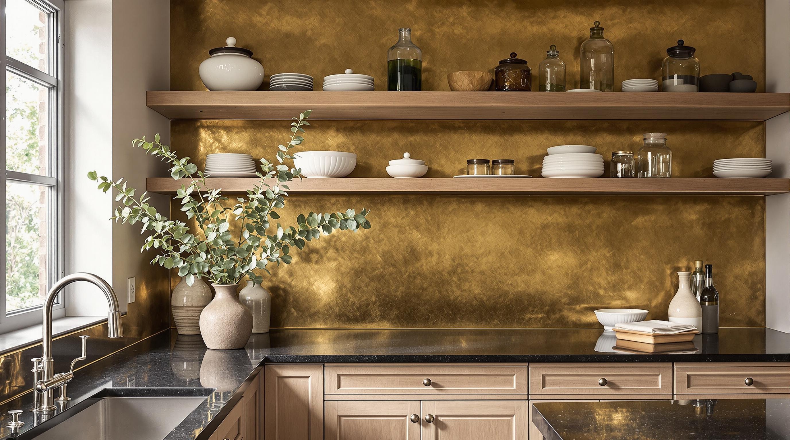 Cuisine de style campagne chic avec crédence en laiton vieilli, plan en granit noir, étagères en chêne brut et vase d’eucalyptus.