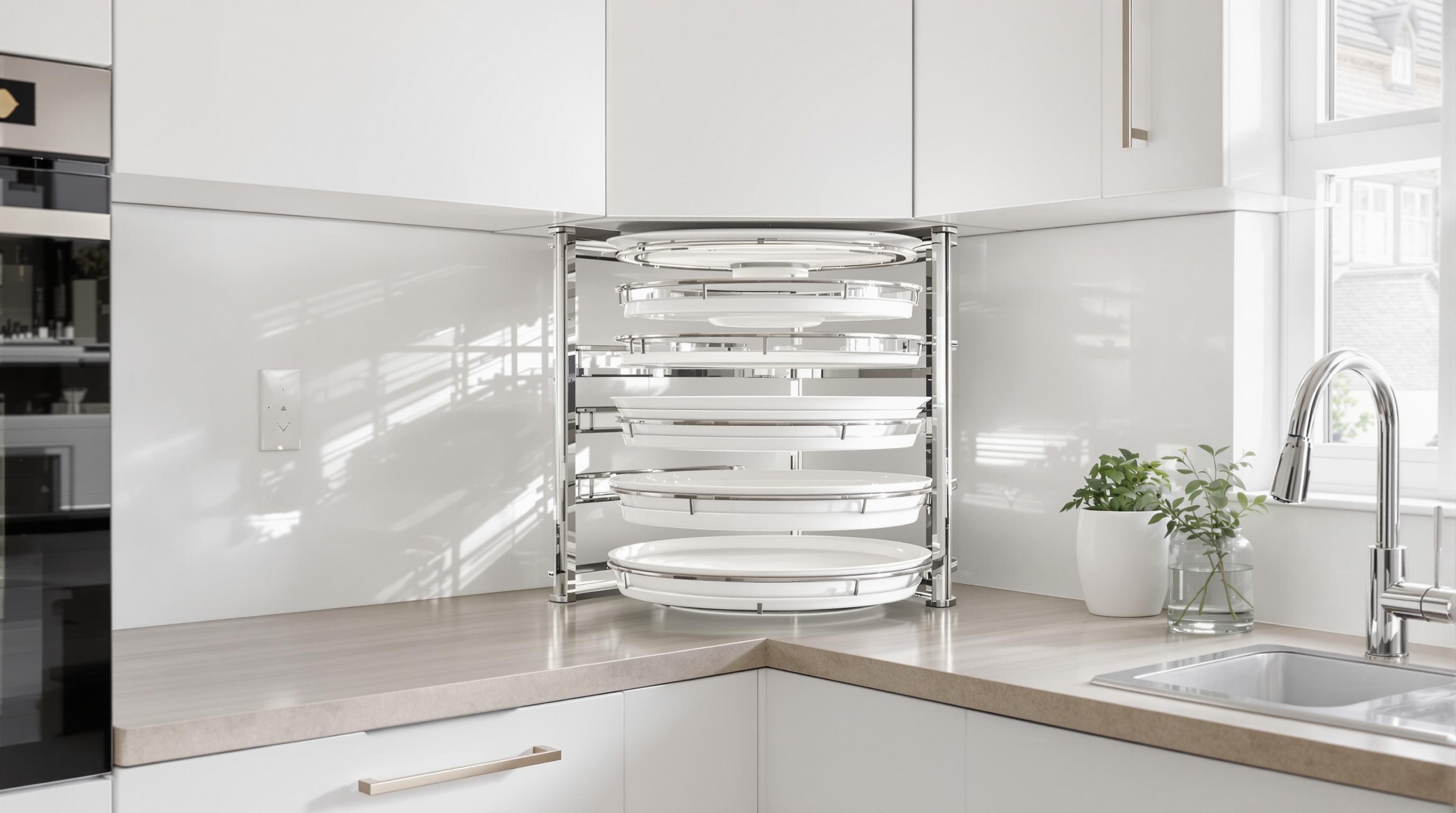 Cuisine contemporaine avec meuble bas d’angle équipé d’un tourniquet pivotant.