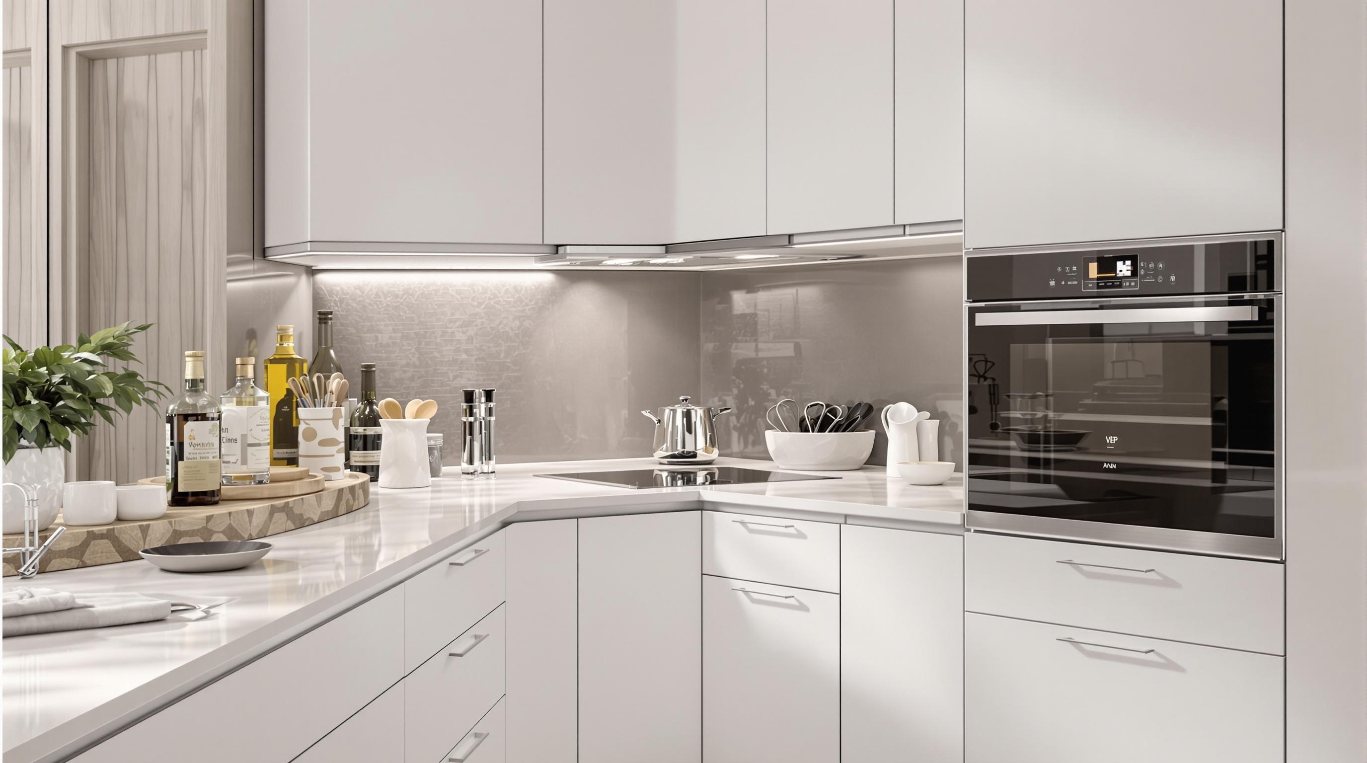 Cuisine haut de gamme avec hotte intégrée et niche électroménager optimisée.