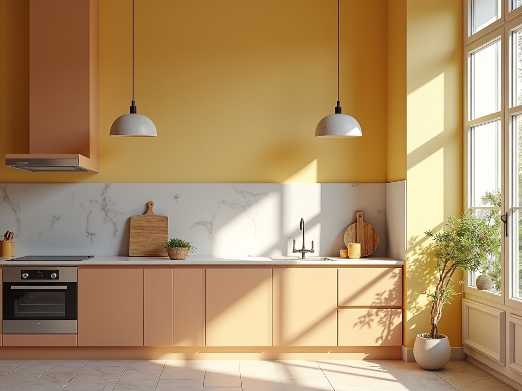 Cuisine lumineuse avec murs jaune pâle et accents terracotta.