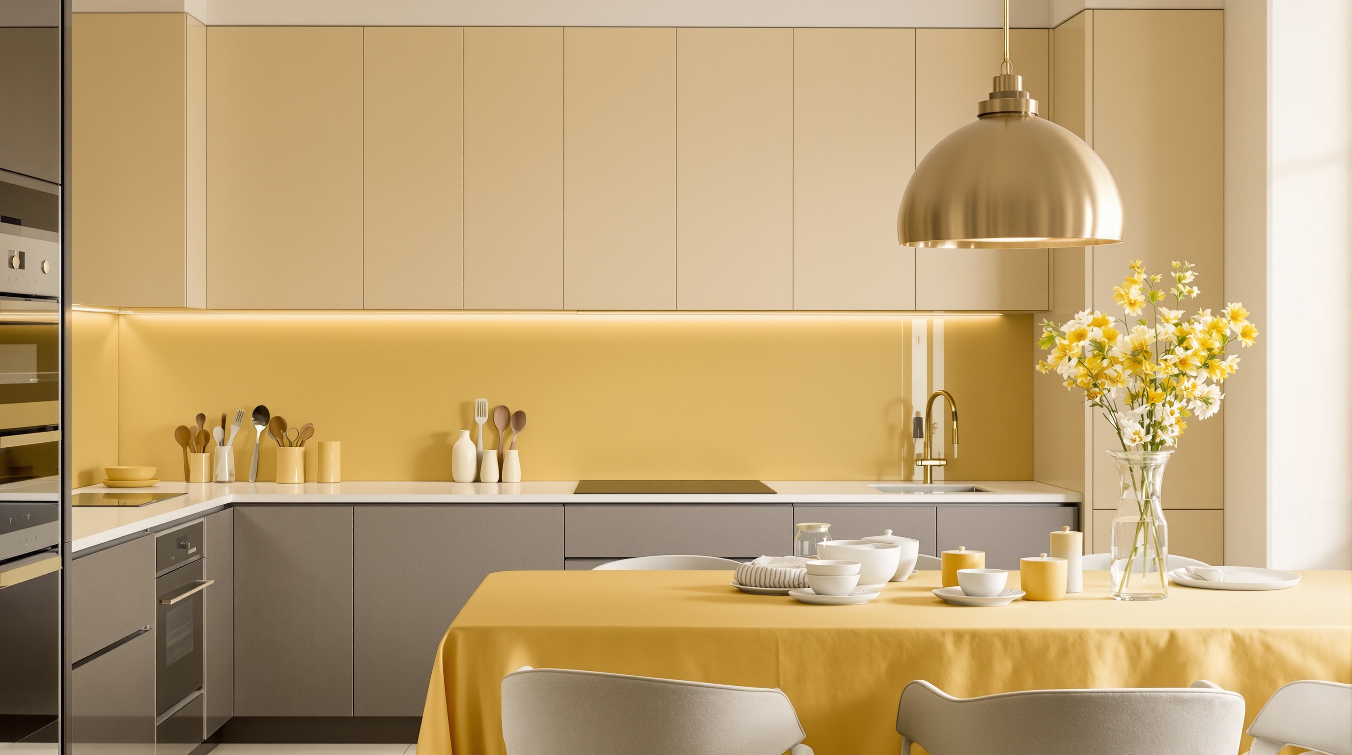 Cuisine élégante avec crédence et accessoires jaune paille; salle à manger lumineuse.