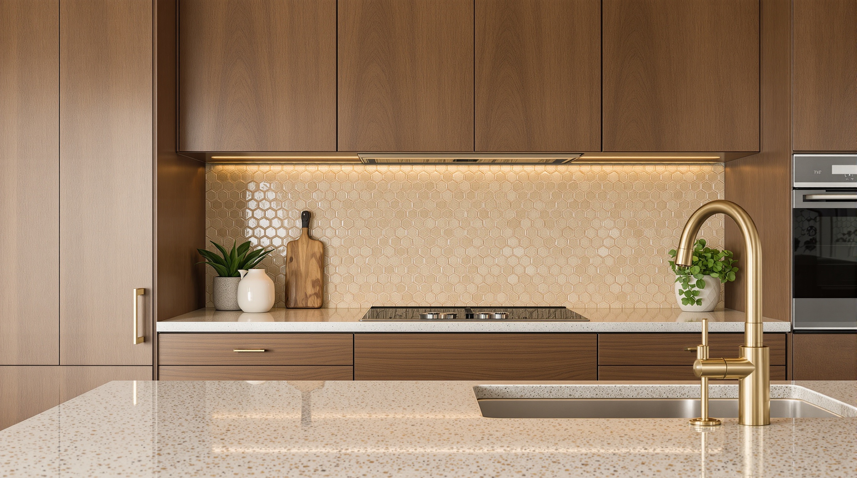 Cuisine élégante plan de travail terrazzo tons chauds façades noyer crédence zellige robinetterie laiton
