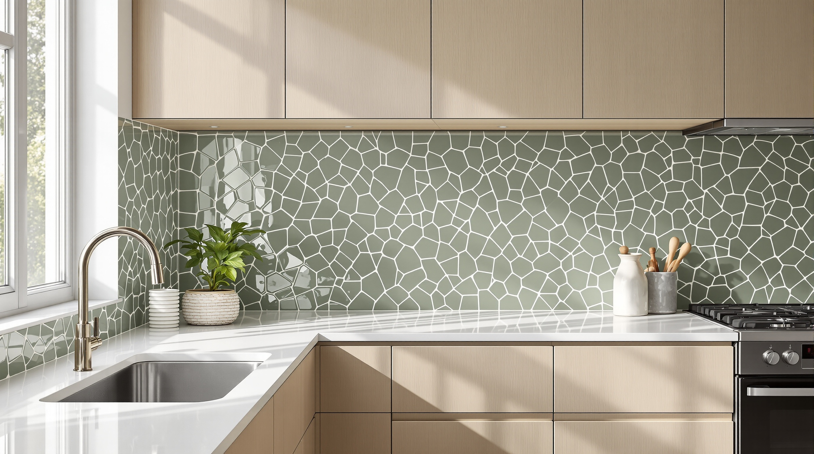 Cuisine élégante avec crédence en zellige vert sauge et plan de travail quartz blanc