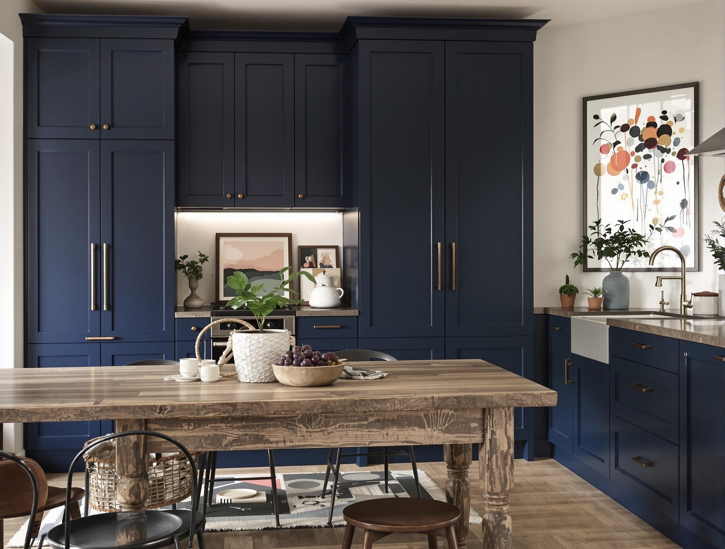 Cuisine IKEA transformée par façade alternative bleu nuit, table vintage et œuvres contemporaines mêlés.