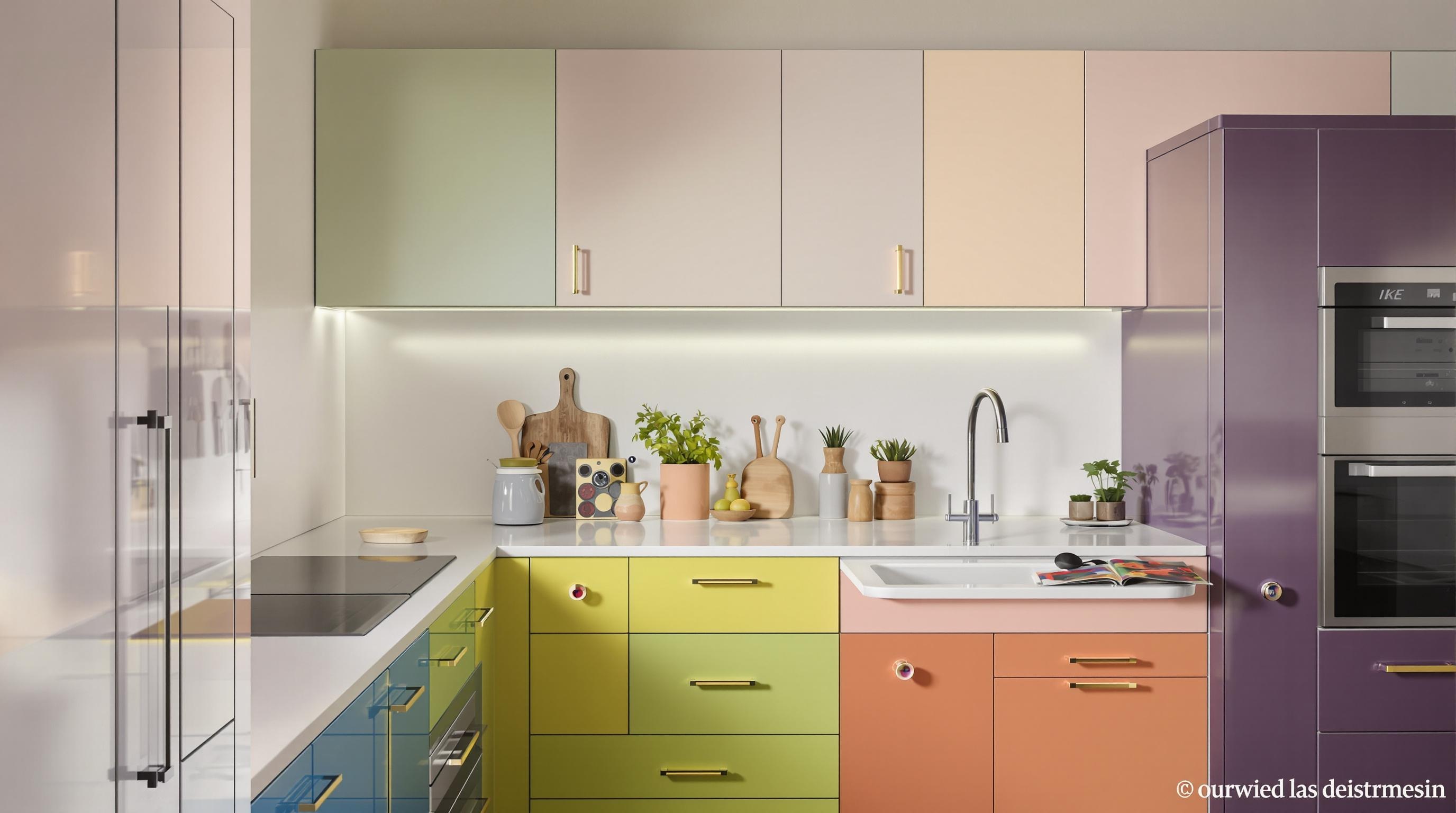 Cuisine IKEA transformée : couleurs vives, poignées originales et lumière sophistiquée soulignent l'originalité du relooking.