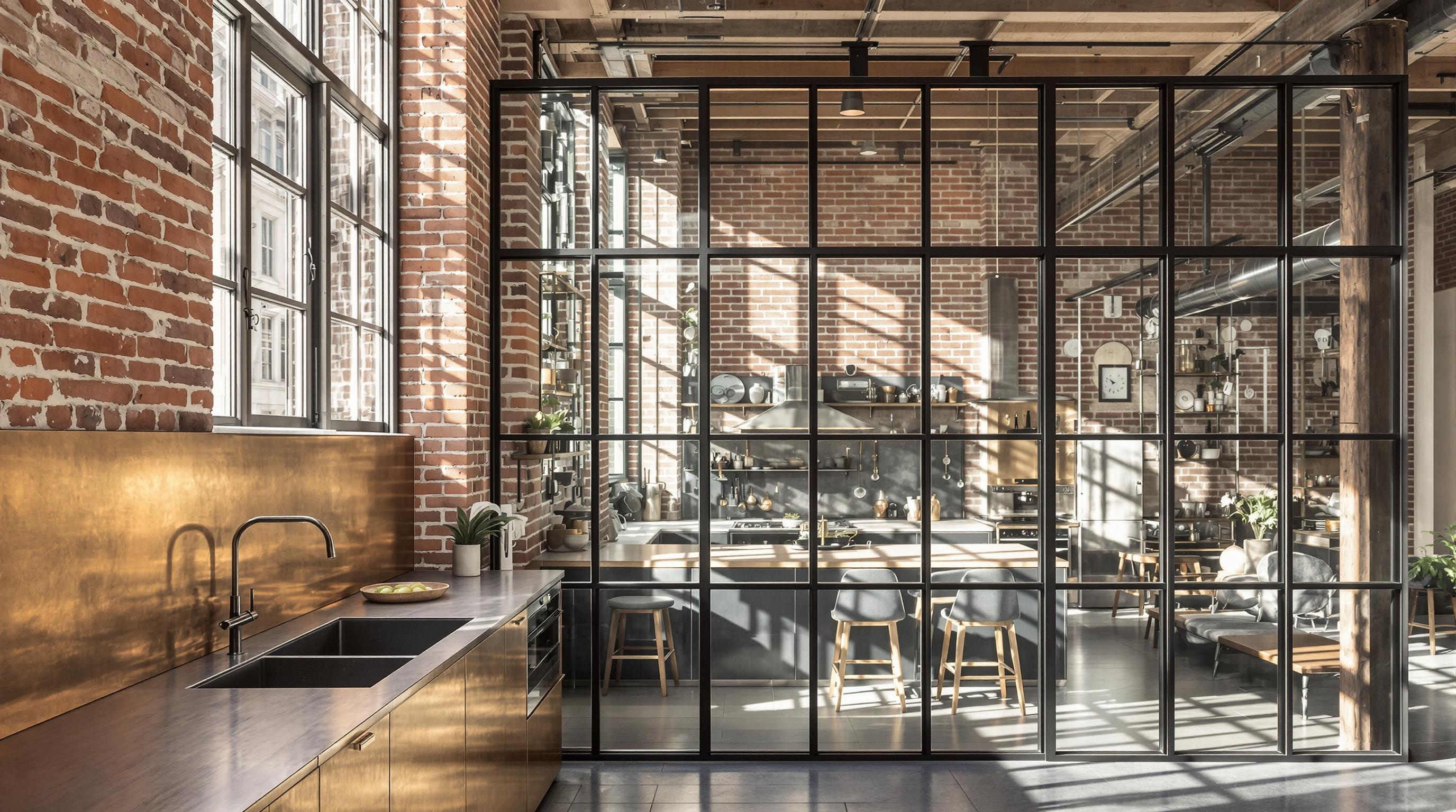 Cuisine de style loft par Atelier Steve avec crédence en laiton vieilli, mur en briques et verrière métallique.