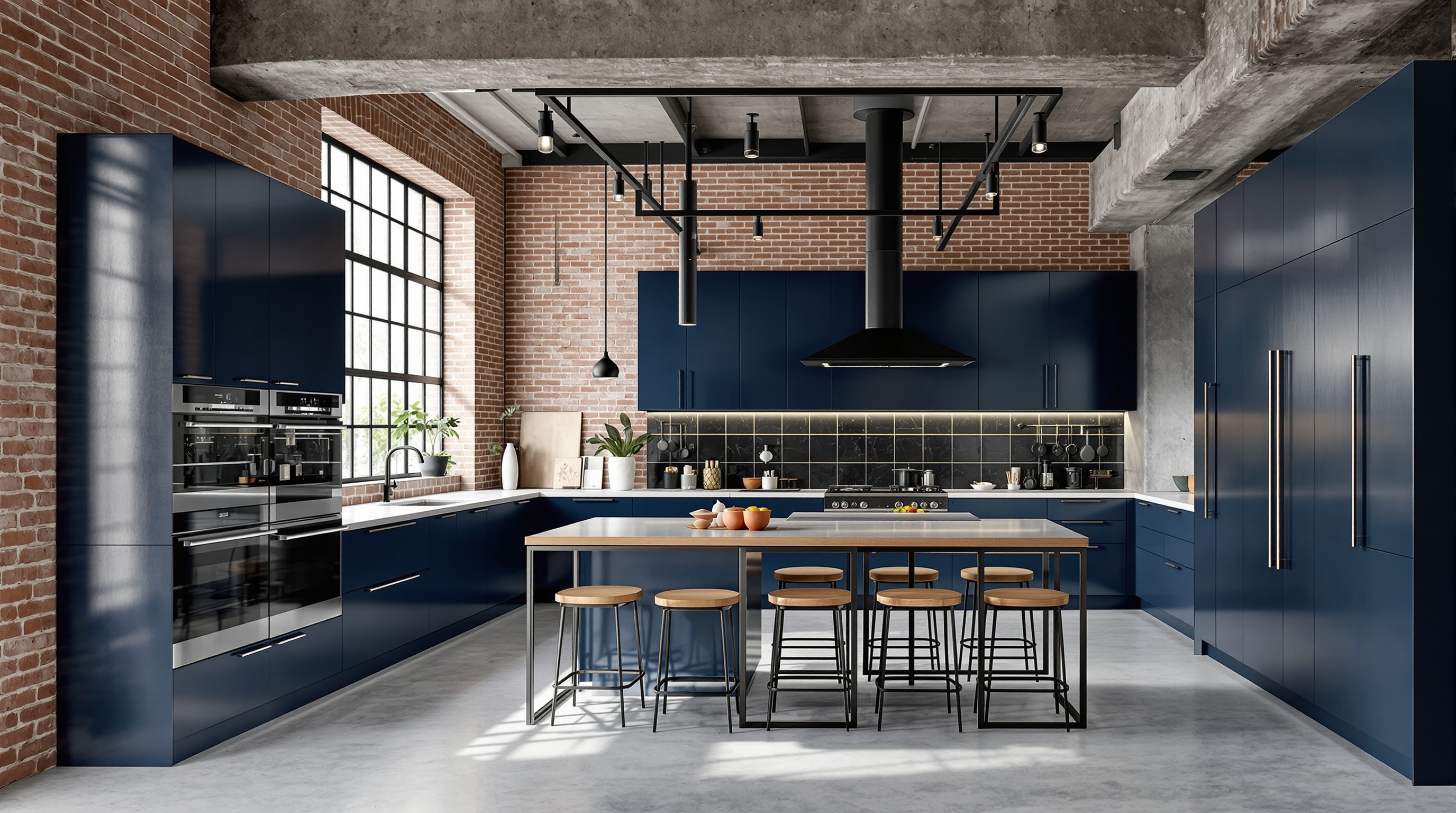 Cuisine loft industrielle avec éléments de bleu profond et béton