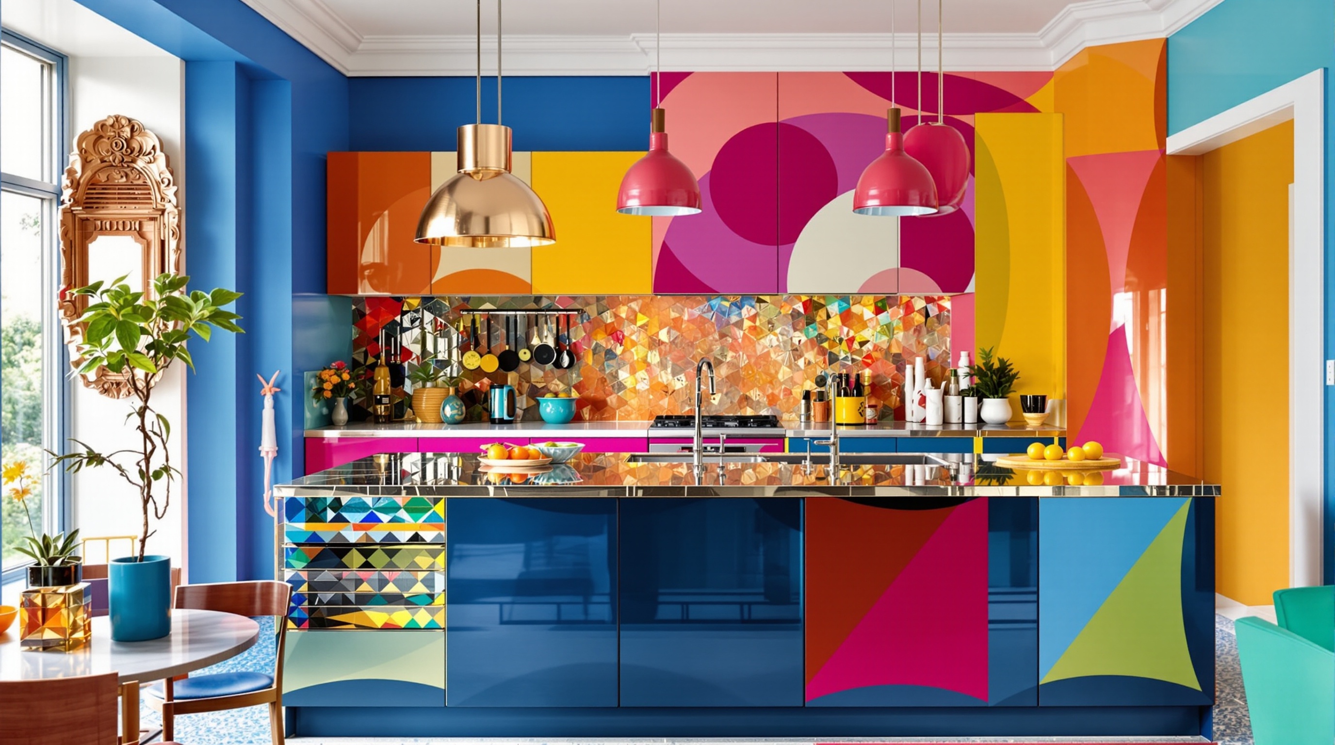 Cuisine moderne éclectique mur bleu vibrant mobilier coloré