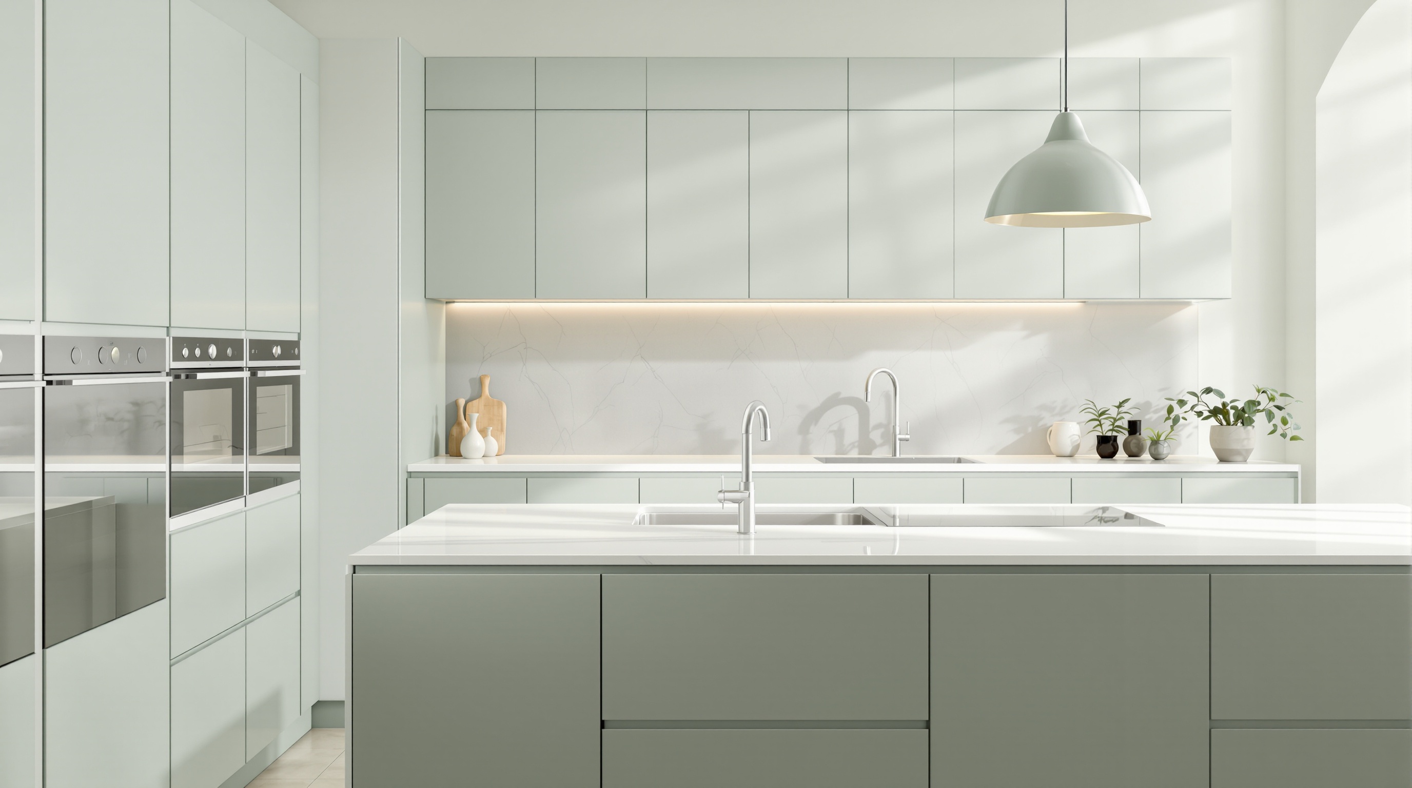 Cuisine moderne épurée vert sauge lumière naturelle surfaces mates quartz clair minimalisme sans poignées luminaire design