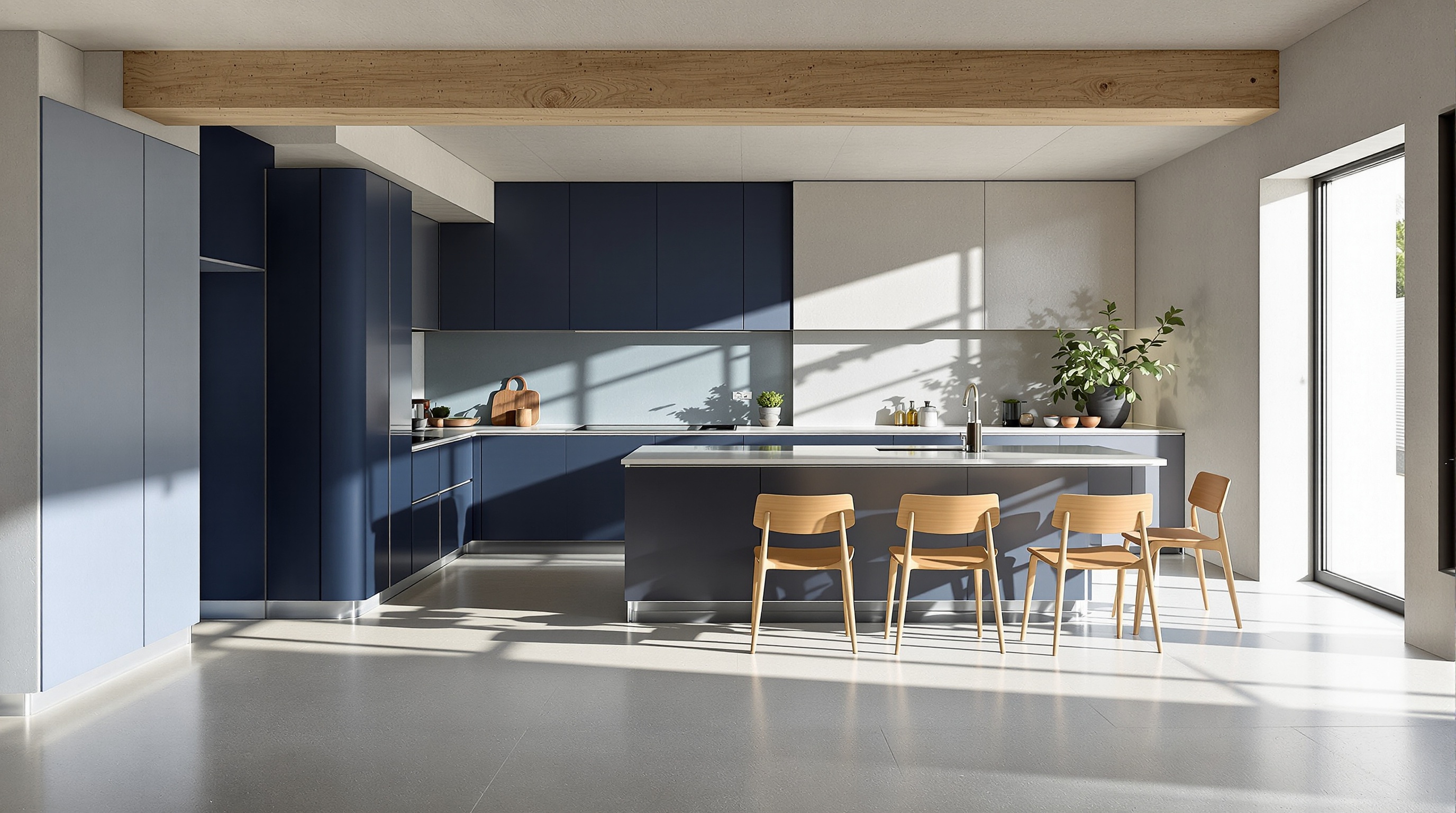 Cuisine moderne style moderniste avec mur bleu profond, matériaux bruts, poutre bois massif et lumière naturelle acérée