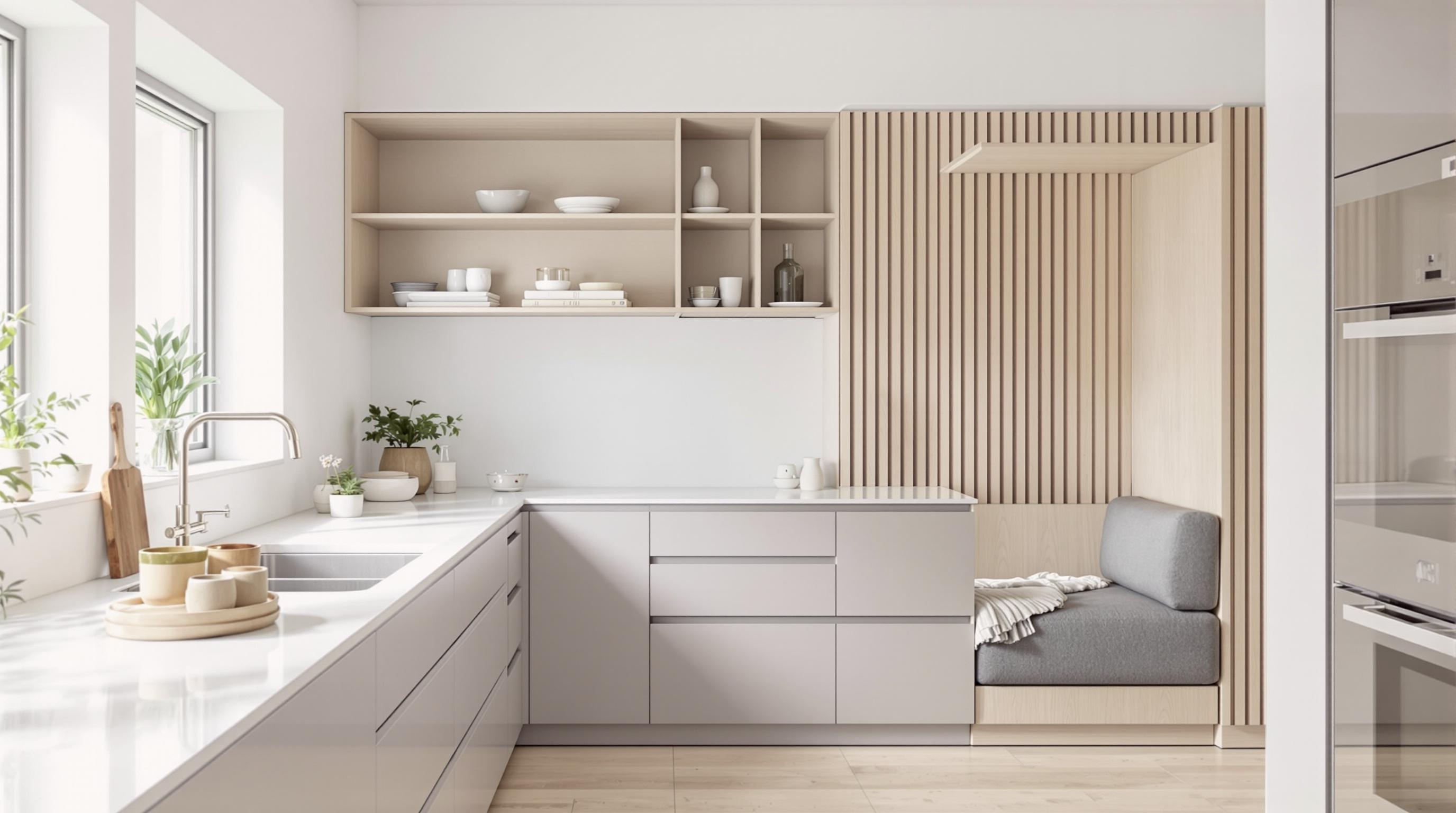 Cuisine moderne avec tiroirs d'angle pivotants, meuble haut d’angle et coin repas escamotable.