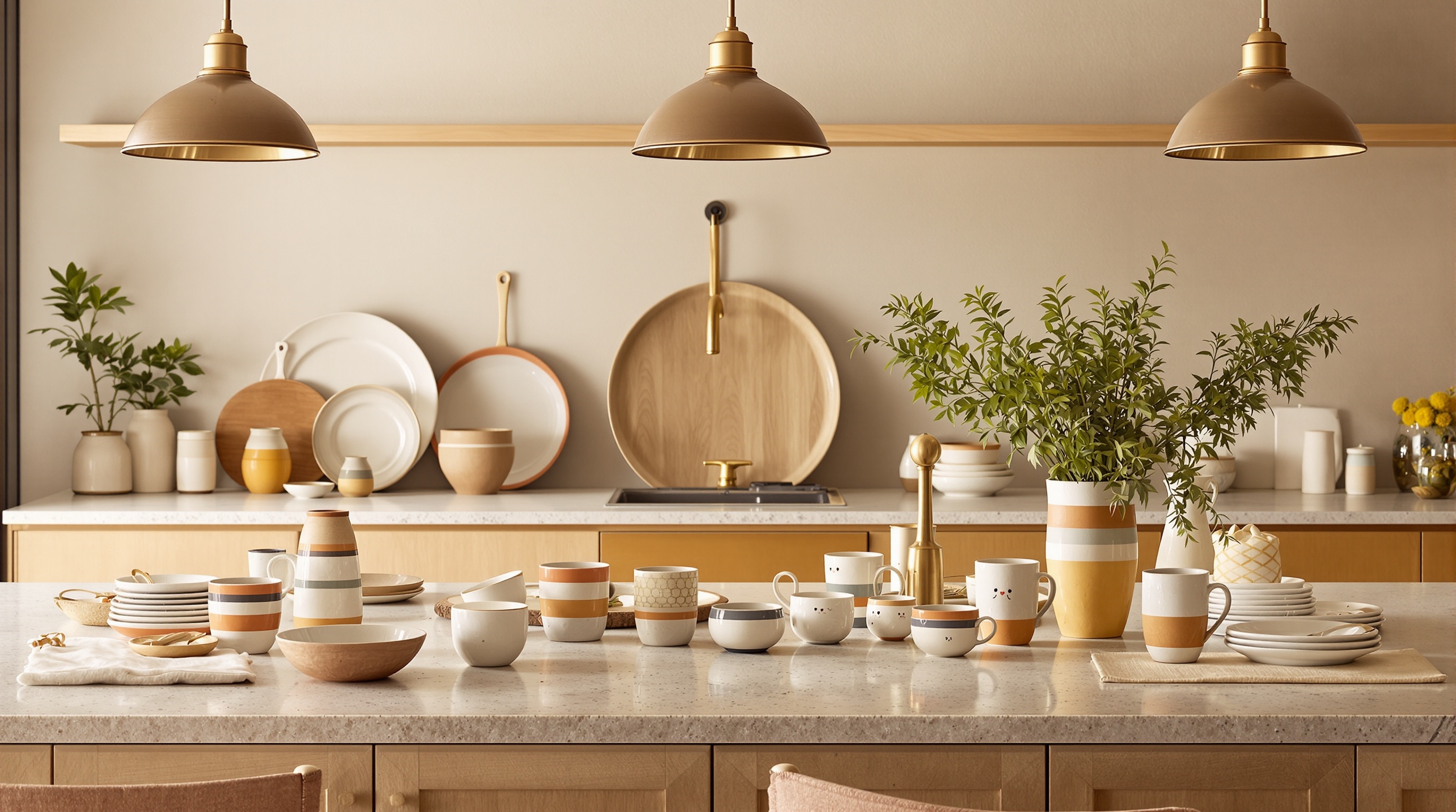 Cuisine portugaise élégante avec vaisselle dépareillée et touches de laiton
