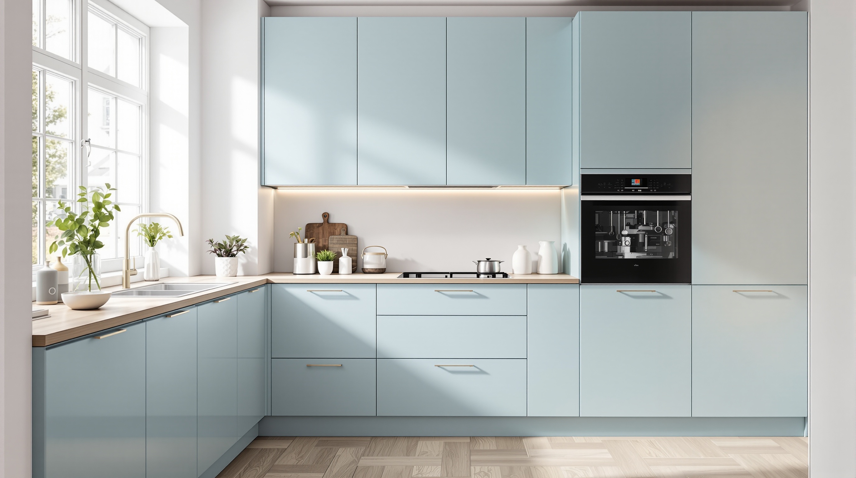 Cuisine scandinave épurée avec meubles bleu ciel