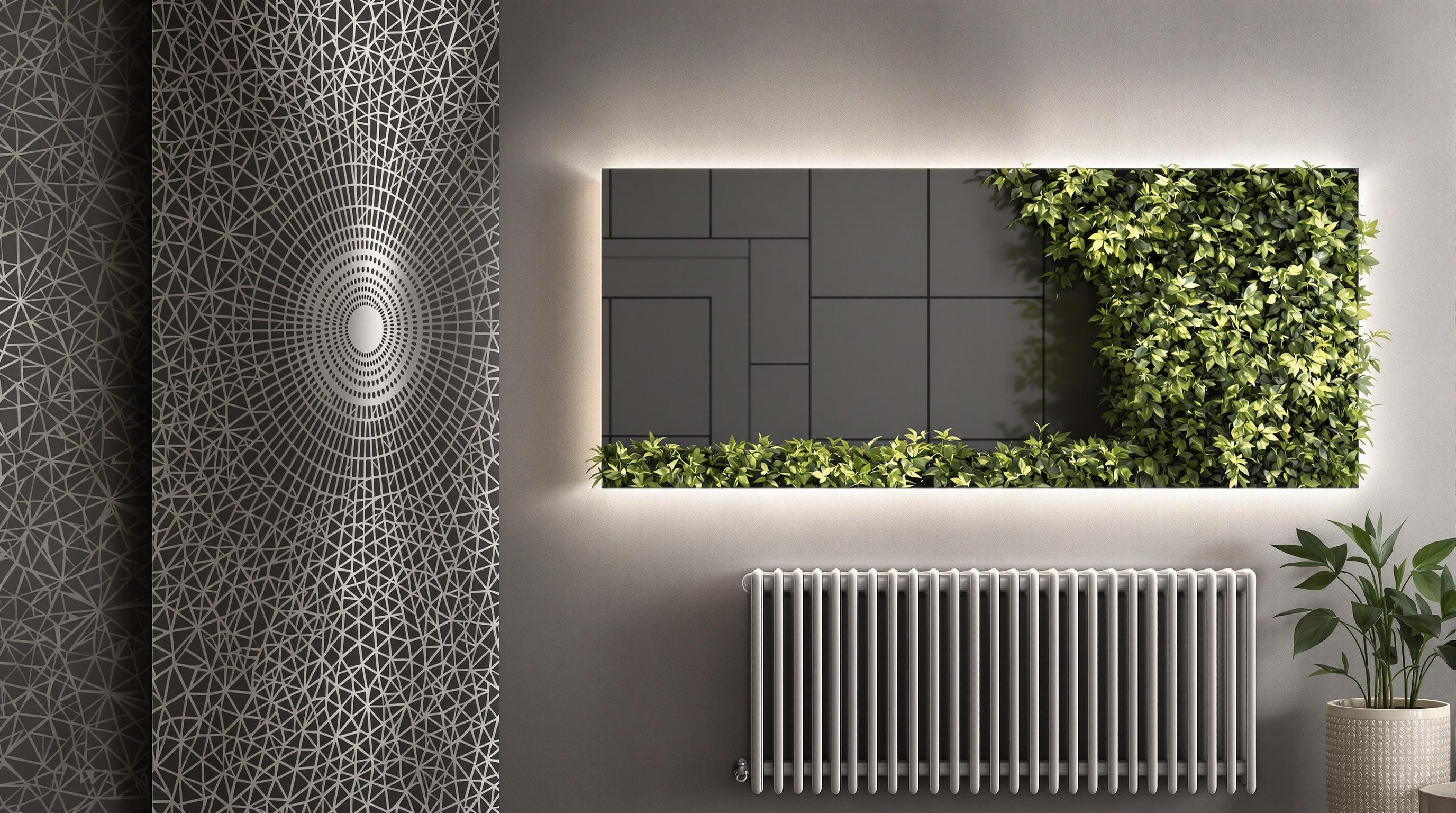 Déco murale intégrant radiateur : panneau métal laser-cut géométrique, mur végétal intérieur, grand miroir chauffant ultra-plat et papier peint panoramique découpé autour d’un radiateur — style contemporain, lumière douce, couleurs sobres.