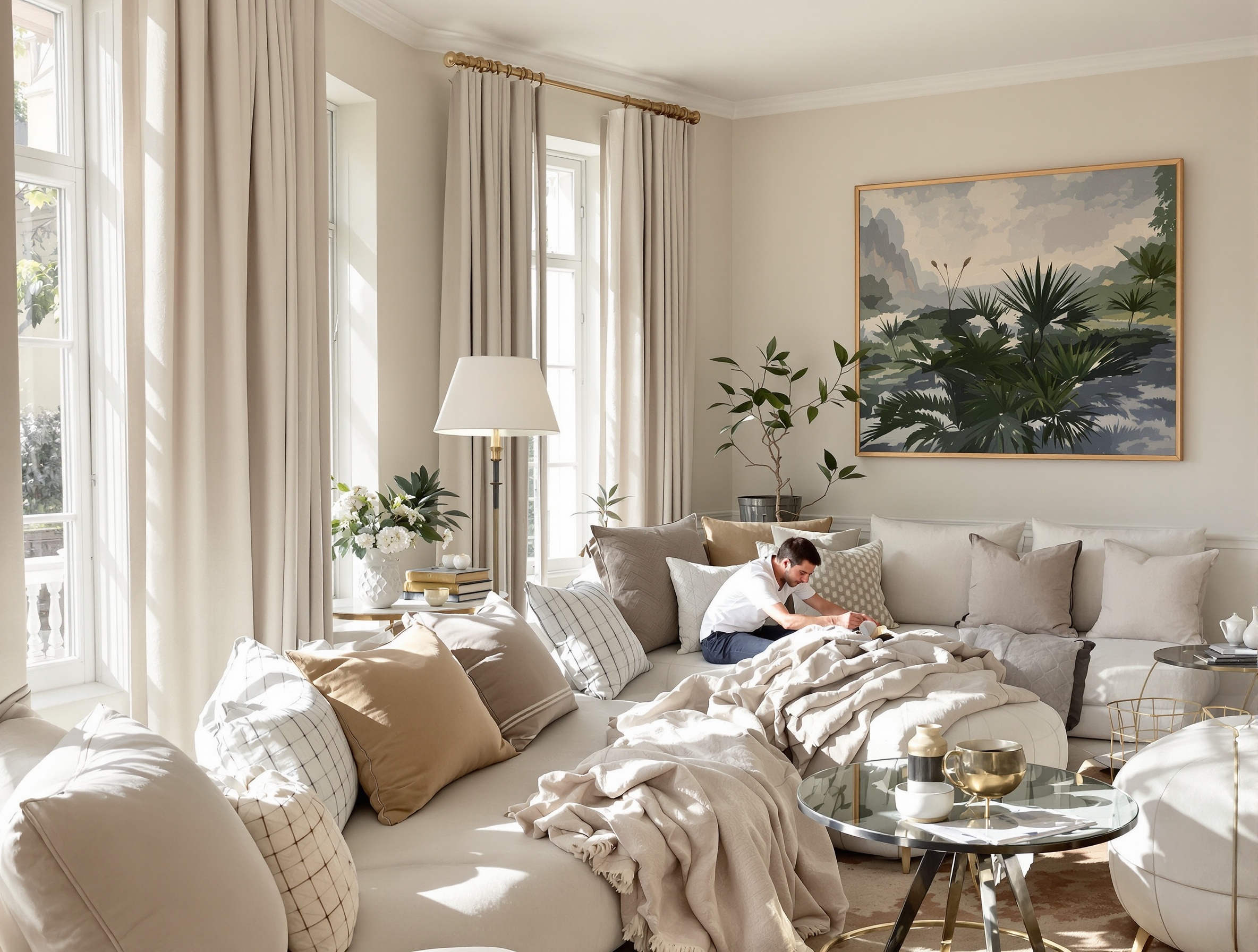 Propriétaire arrangeant déco chambre d'hôtes chaleureuse et raffinée