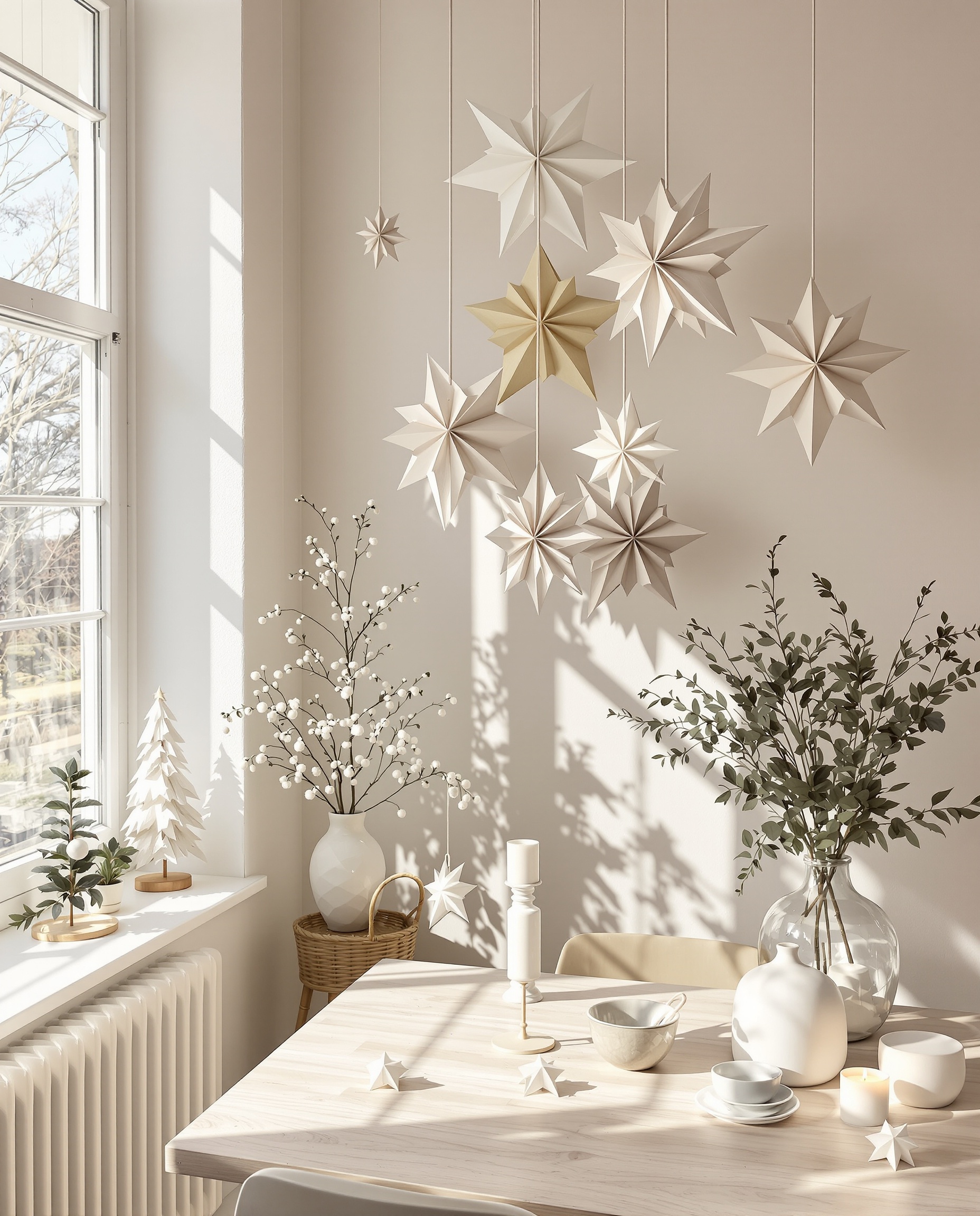 Étoiles scandinaves en papier suspendues à une fenêtre et disposées sur une table