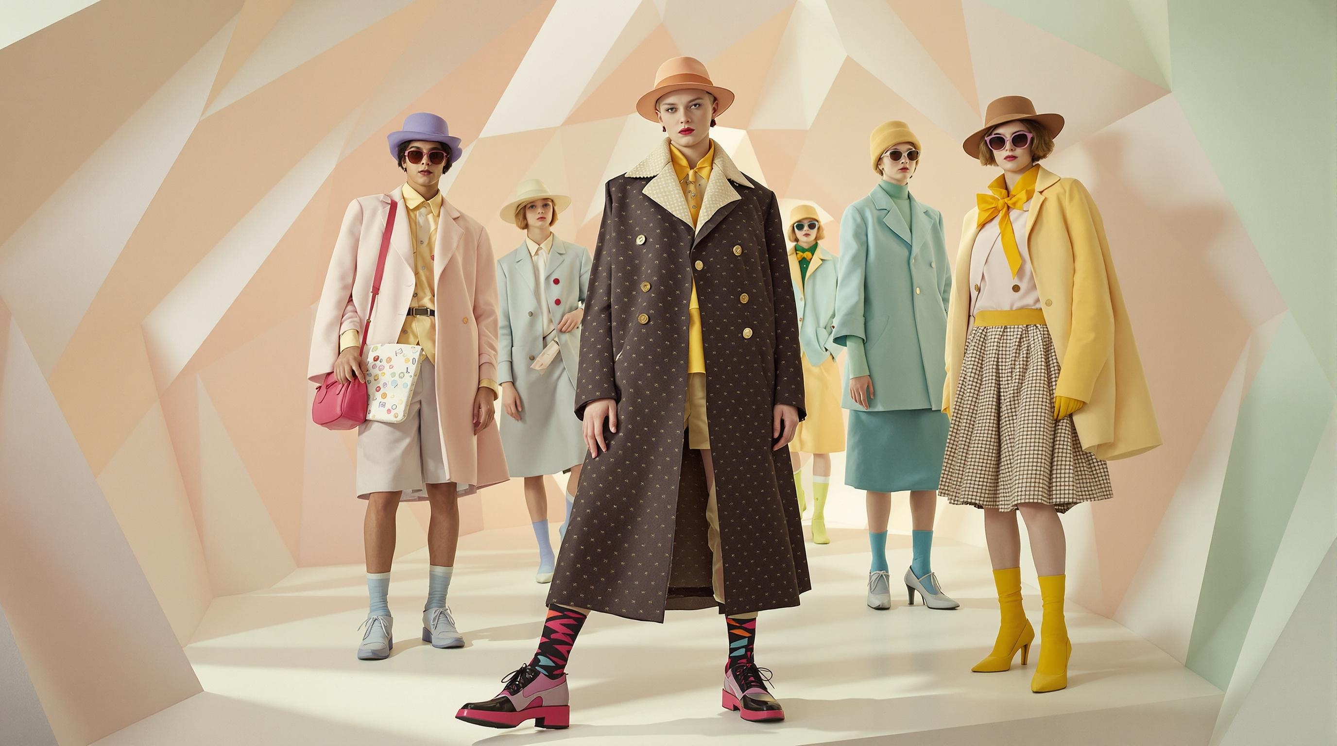 Défilé contemporain avec couleurs pastel et silhouettes inspirées de Wes Anderson
